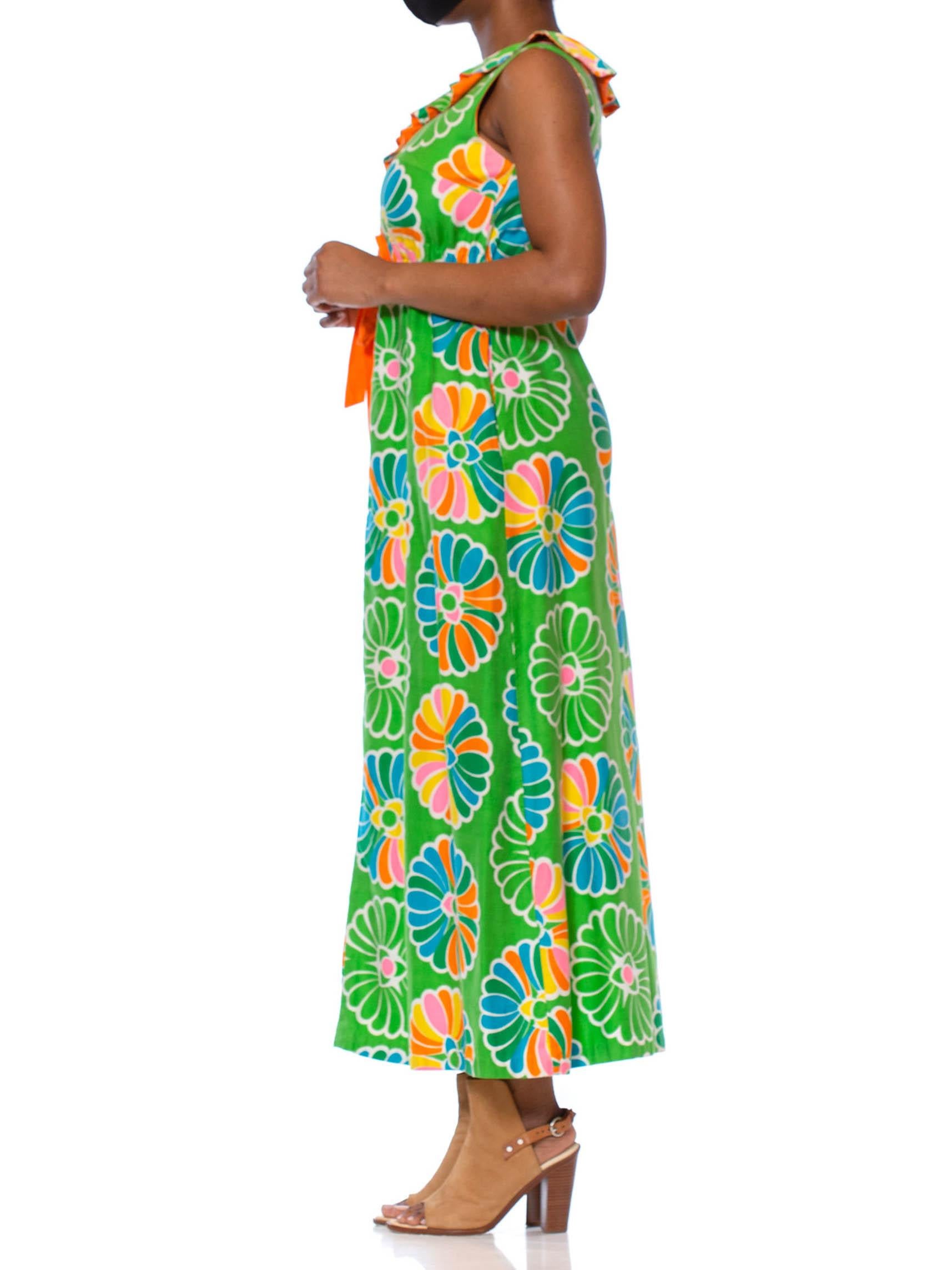1960S Kelly Green & Orange Cotton Sateen Pinwheel Floral Dress With Pockets 2