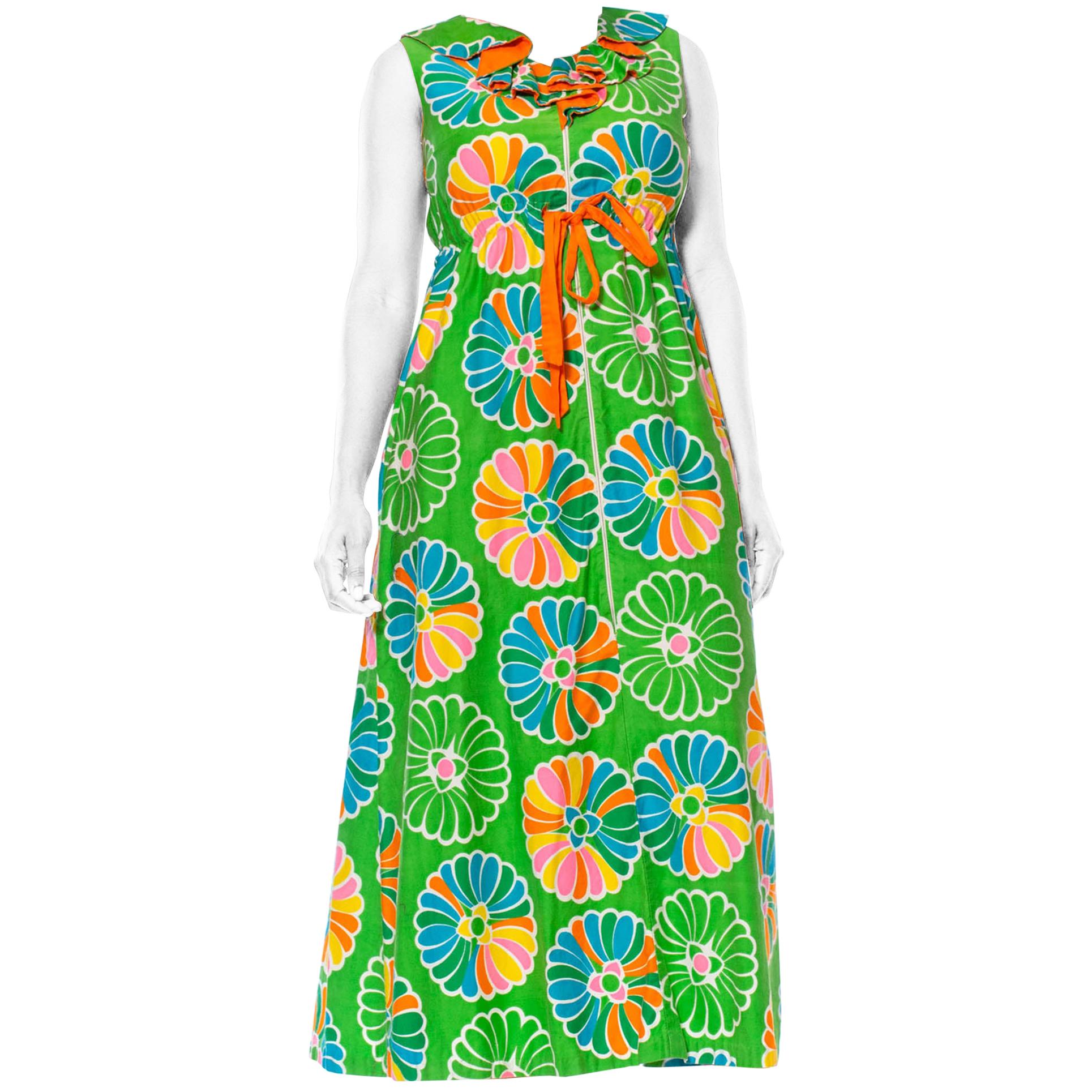 1960S Kelly Green & Orange Cotton Sateen Pinwheel Floral Dress With Pockets
