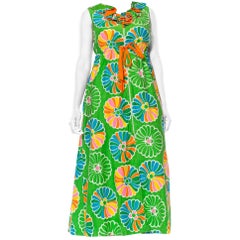 Vintage 1960S Kelly Green & Orange Cotton Sateen Pinwheel Floral Dress With Pockets