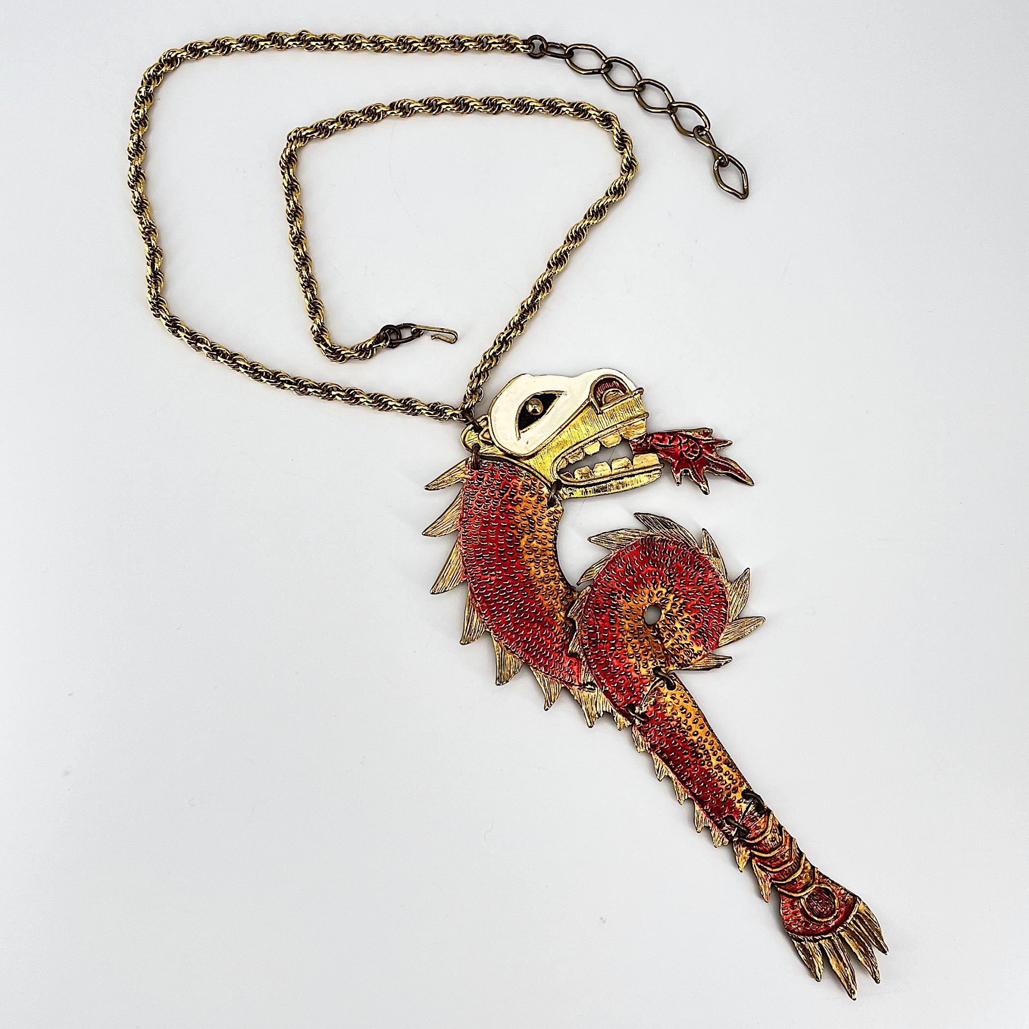 1960s Kenneth J Lane KJL Dragon Necklace Statement Costume Jewelry Mid-Century 1