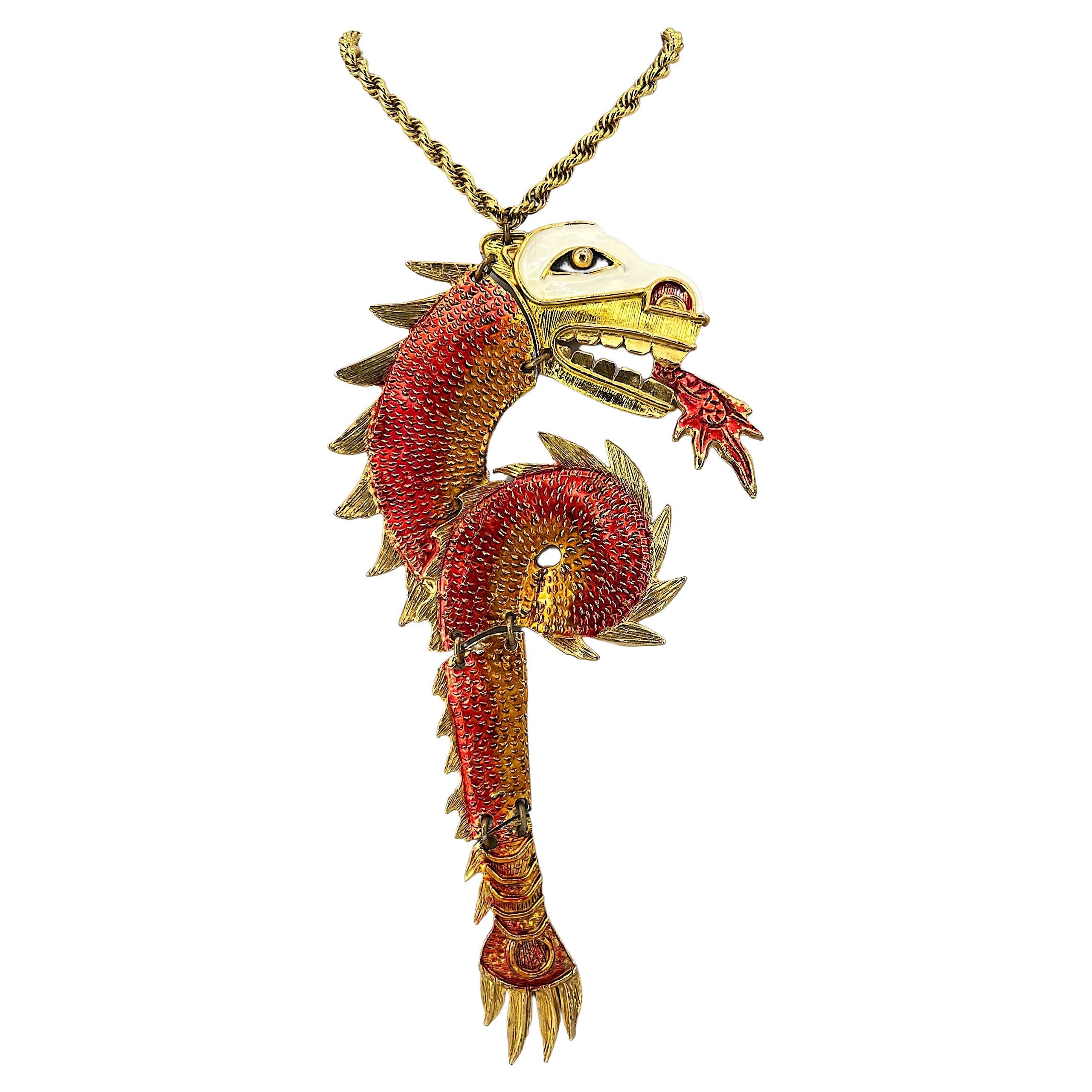 1960s Kenneth J Lane KJL Dragon Necklace Statement Costume Jewelry Mid-Century