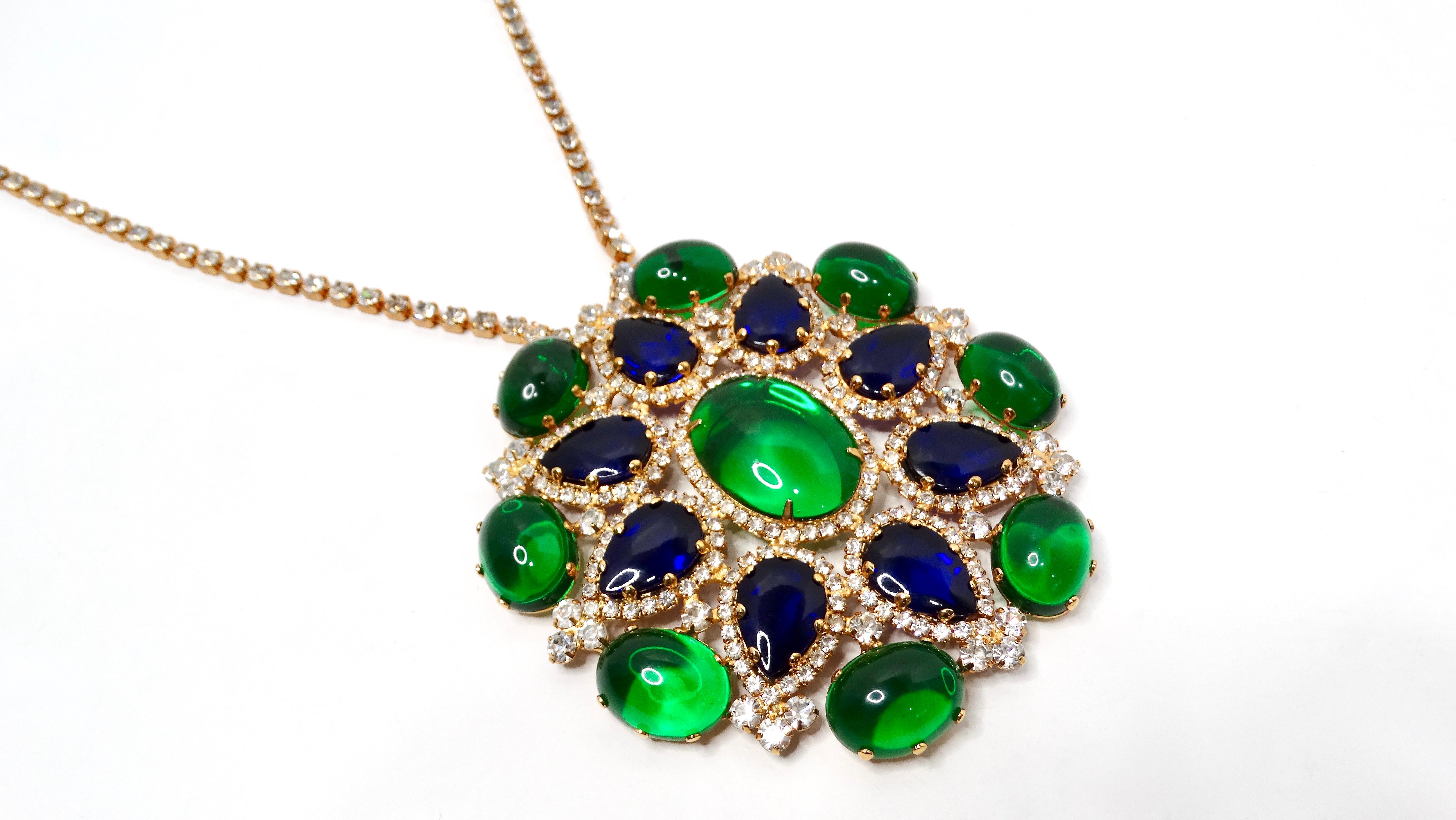 1960s Kenneth Jay Lane Jewel-Tone Gripoix Style Rhinestone Pendent Necklace In Good Condition For Sale In Scottsdale, AZ