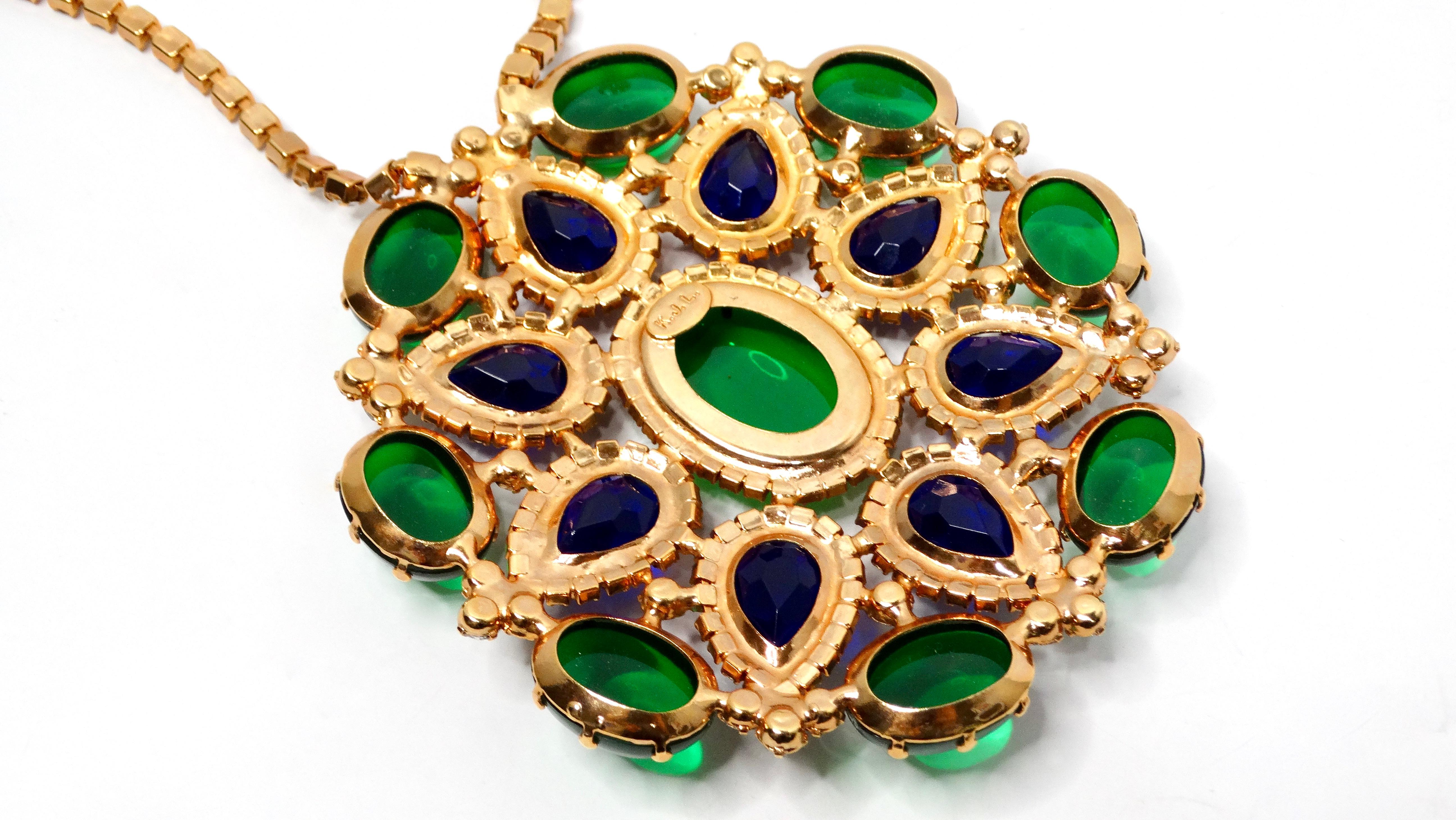 1960s Kenneth Jay Lane Jewel-Tone Gripoix Style Rhinestone Pendent Necklace For Sale 2