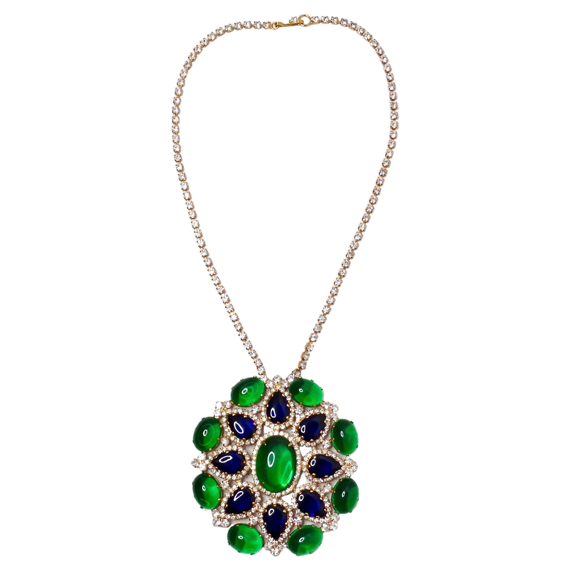 1960s Kenneth Jay Lane Jewel-Tone Gripoix Style Rhinestone Pendent Necklace For Sale