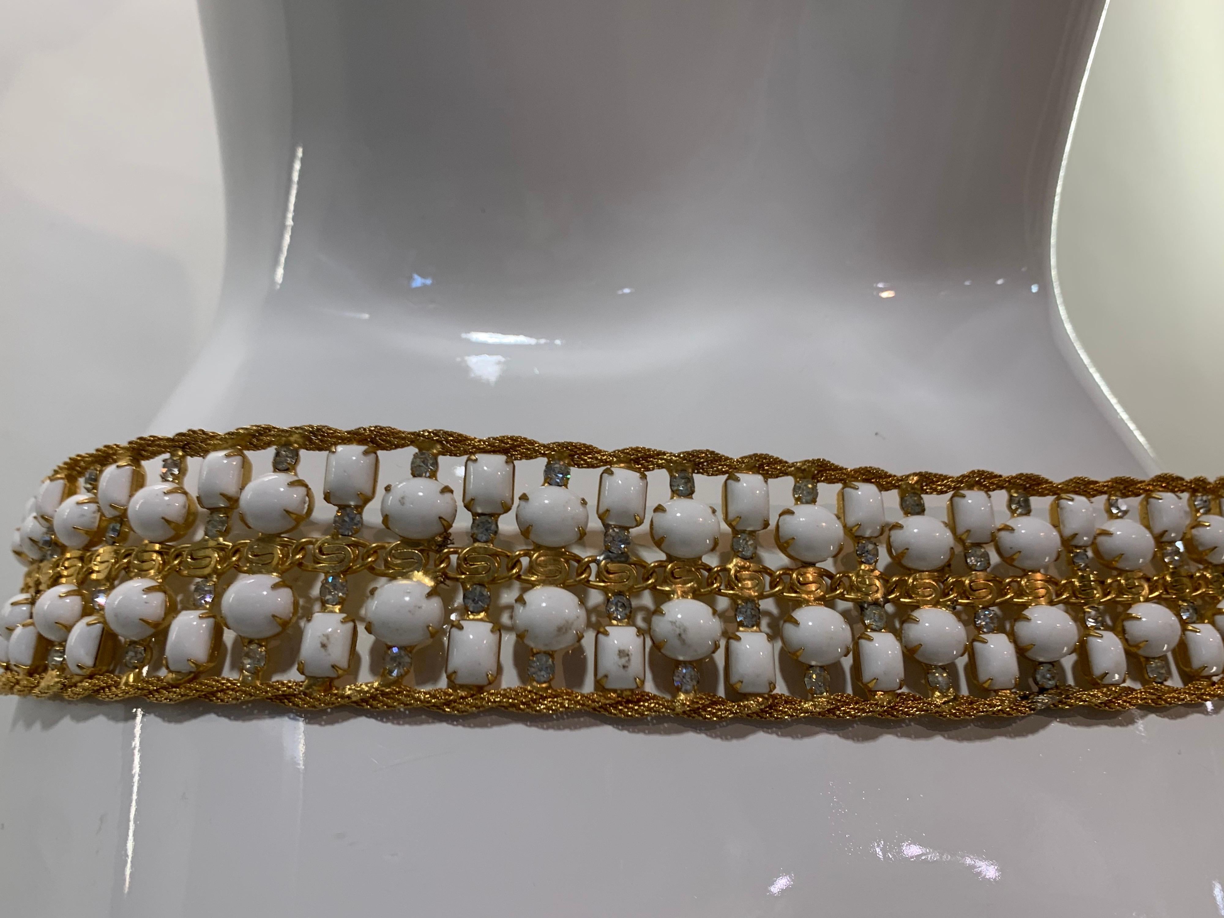 1960s Kenneth Jay Lane Jeweled Gold-Tone Belt w/ Milk Glass & Rhinestones  In Excellent Condition For Sale In Gresham, OR