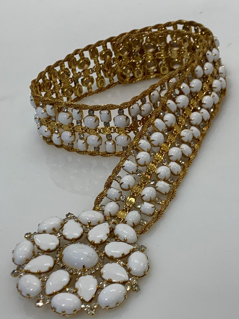 1960s Kenneth Jay Lane Jeweled Gold-Tone Belt w/ Milk Glass & Rhinestones  For Sale 1