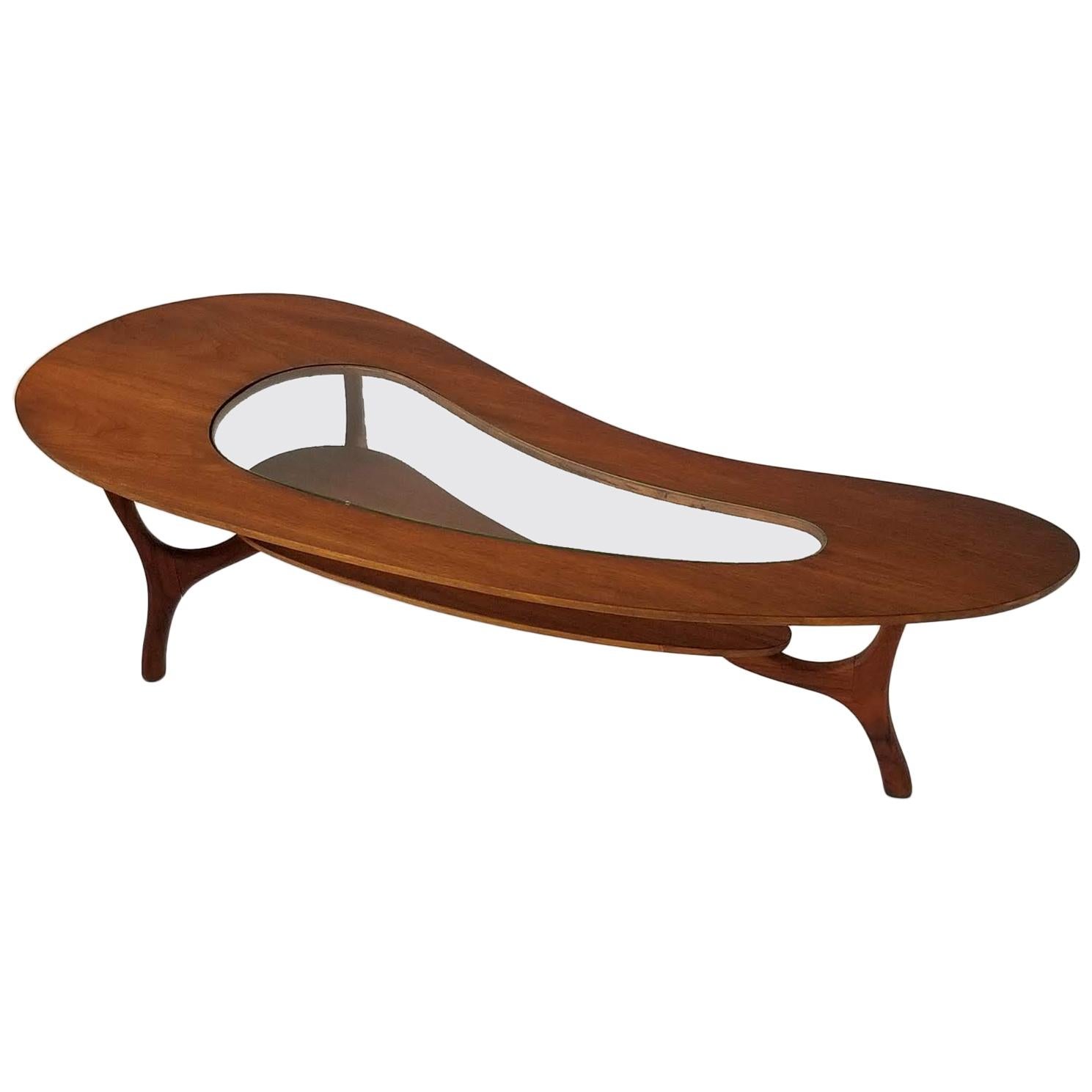 1960s Kidney Shaped Veneer Walnut Coffee Table , USA