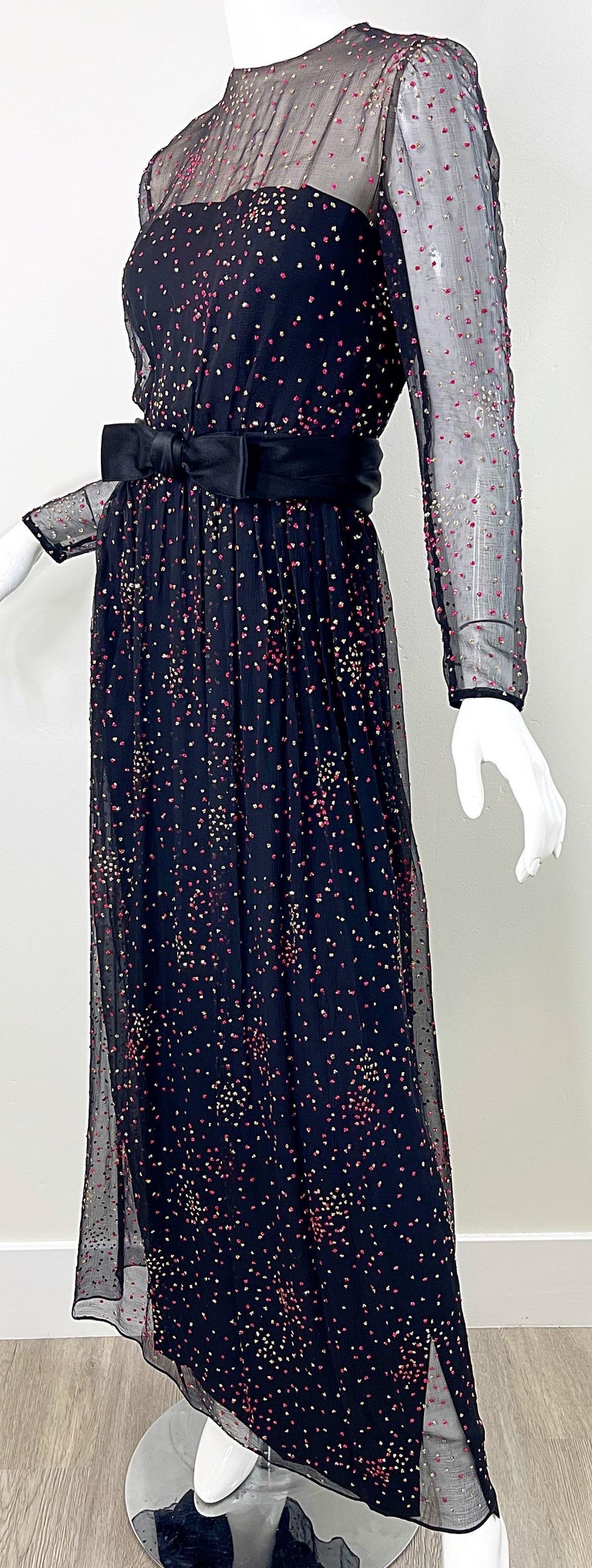 1960s Kiki Hart Black Silk Chiffon Hot Pink Gold Glitter Vintage 60s Gown Dress For Sale 7