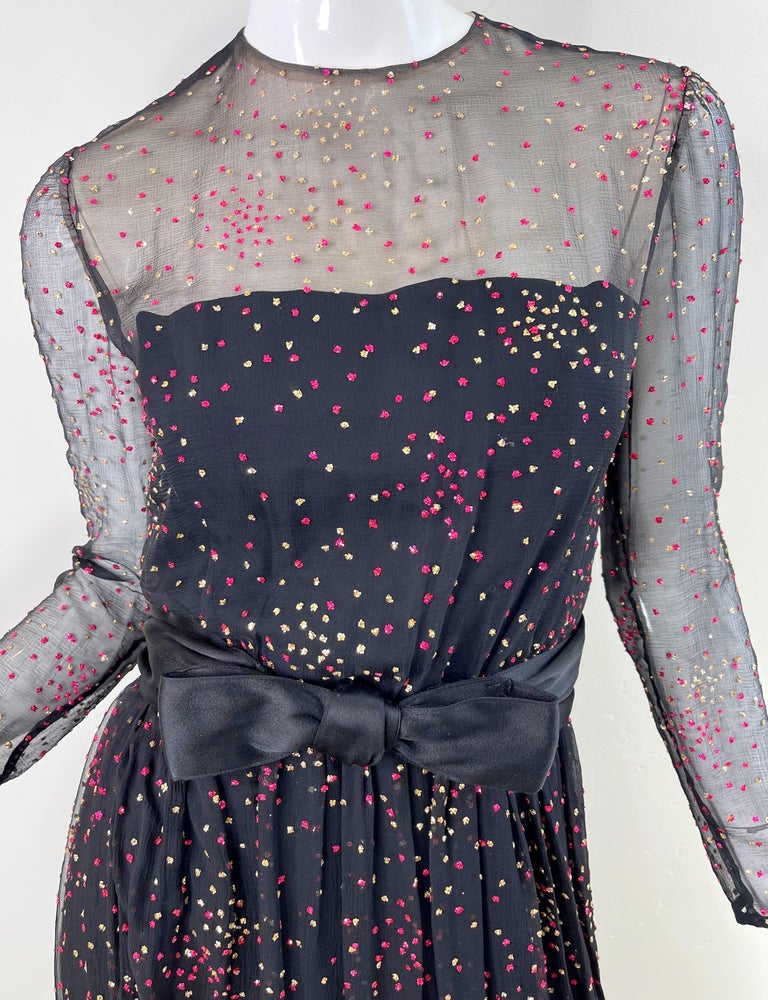 Women's 1960s Kiki Hart Black Silk Chiffon Hot Pink Gold Glitter Vintage 60s Gown Dress For Sale