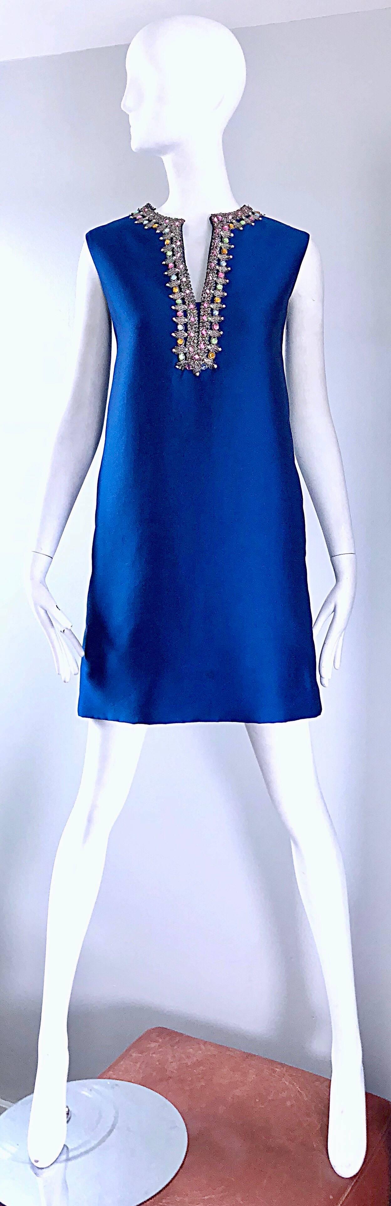 1960s Kiki Hart for Saks 5th Ave Royal Blue Silk Rhinestone 60s Shift Dress 5
