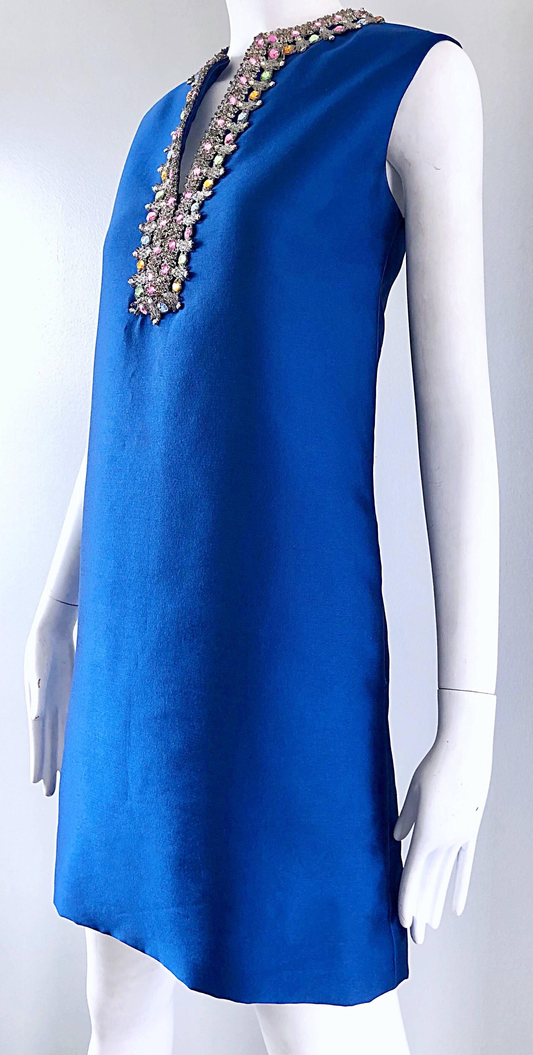 1960s Kiki Hart for Saks 5th Ave Royal Blue Silk Rhinestone 60s Shift Dress 6