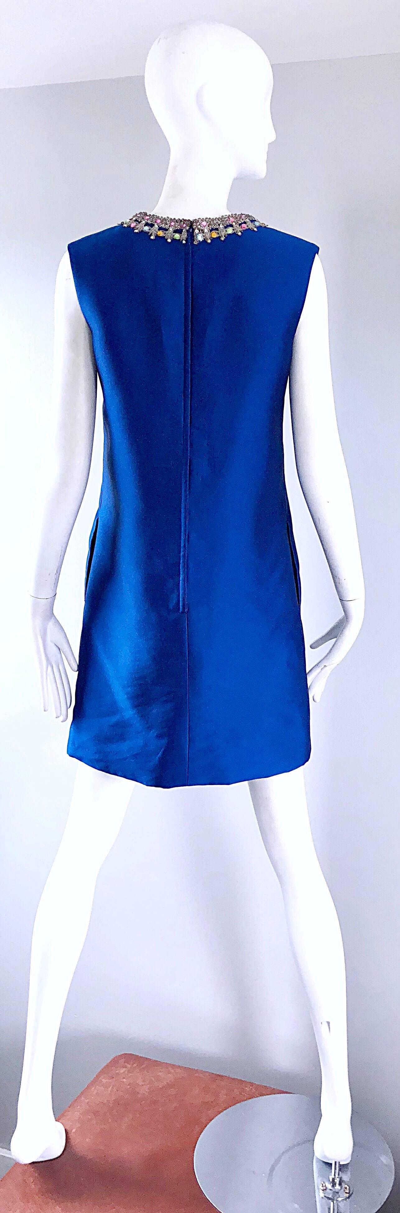 1960s Kiki Hart for Saks 5th Ave Royal Blue Silk Rhinestone 60s Shift Dress 7