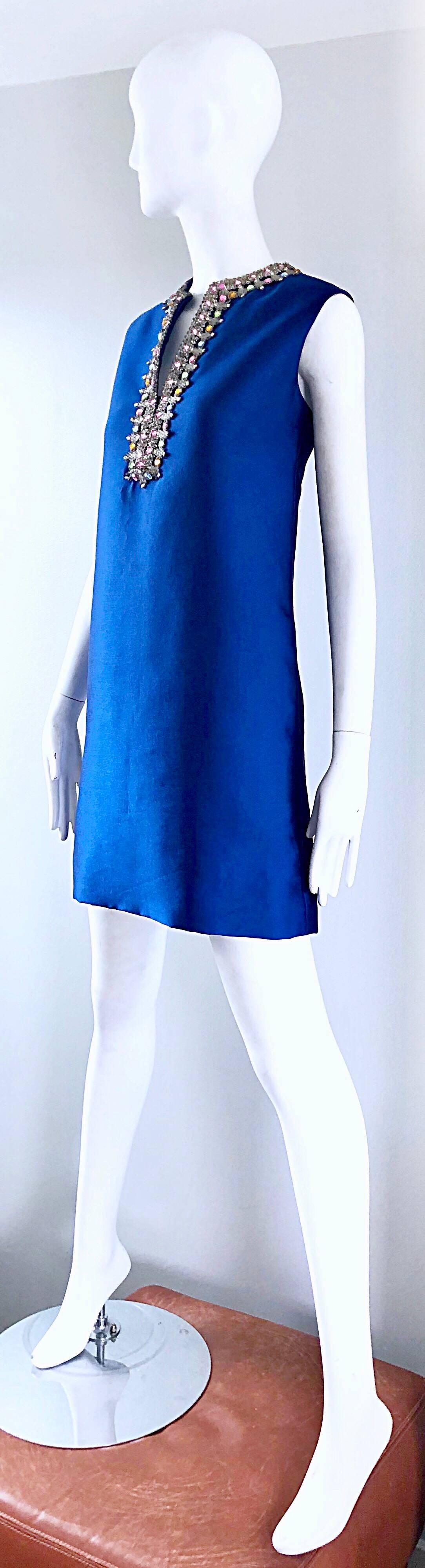 1960s Kiki Hart for Saks 5th Ave Royal Blue Silk Rhinestone 60s Shift Dress 8