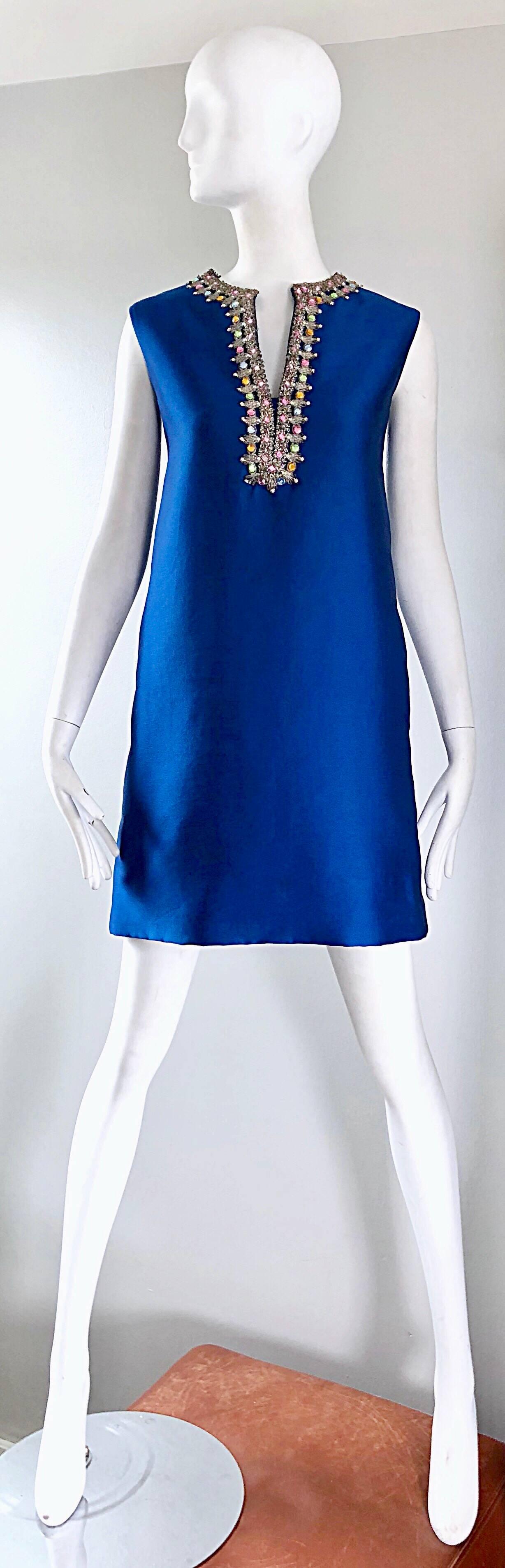 1960s Kiki Hart for Saks 5th Ave Royal Blue Silk Rhinestone 60s Shift Dress 9