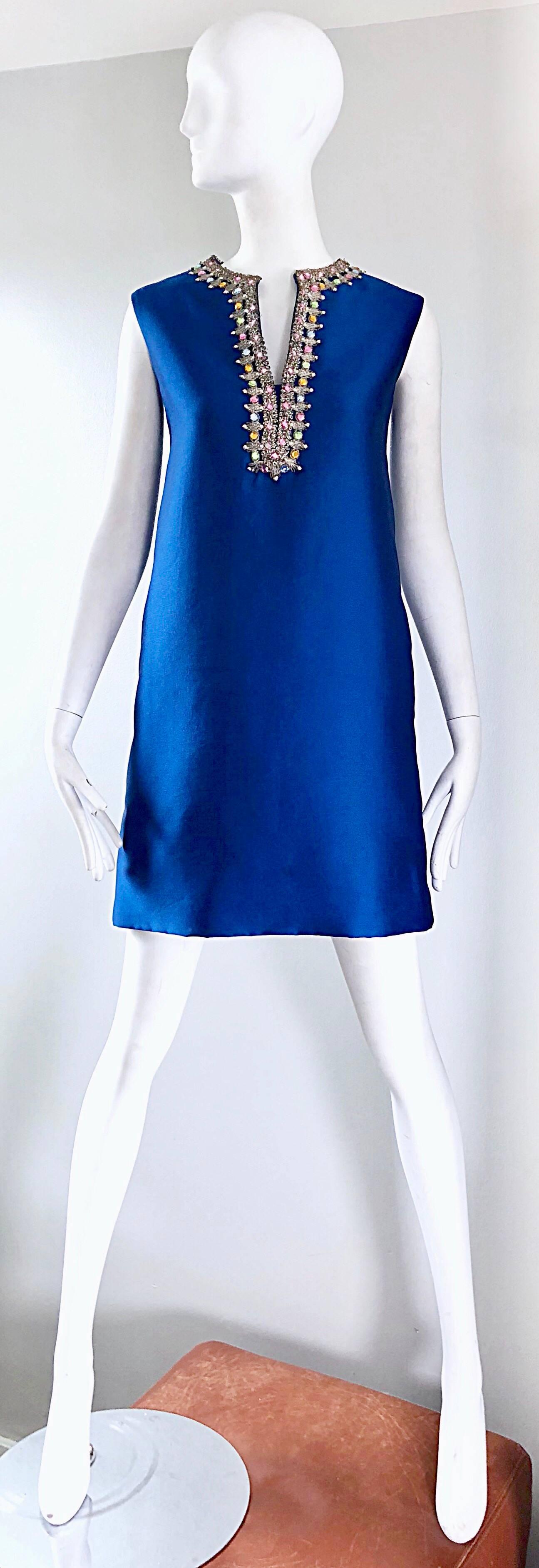 Absolutely beautiful 1960s KIKI HART for SAKS FIFTH AVENUE royal blue silk shantung shift dress! Couture quality, with so much attention to detail. Vibrant blue color, with colorful crystal rhinestone encrusted along the neck. POCKETS at each side