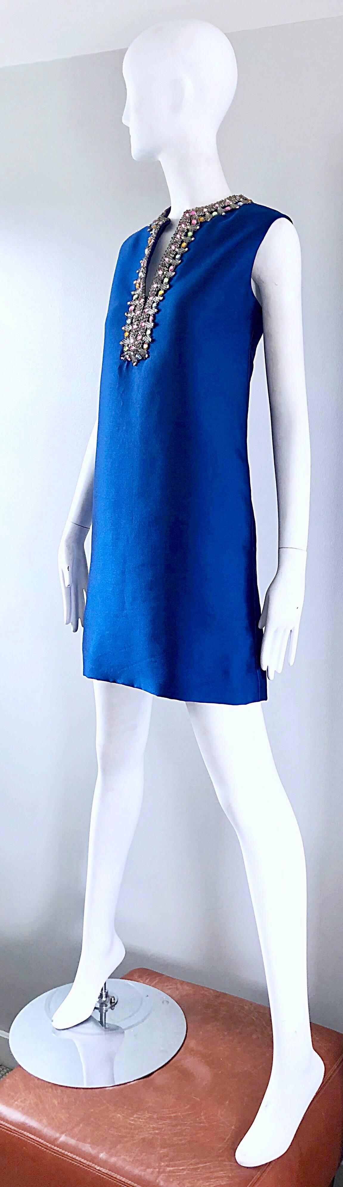 1960s Kiki Hart for Saks 5th Ave Royal Blue Silk Rhinestone 60s Shift Dress In Excellent Condition In San Diego, CA
