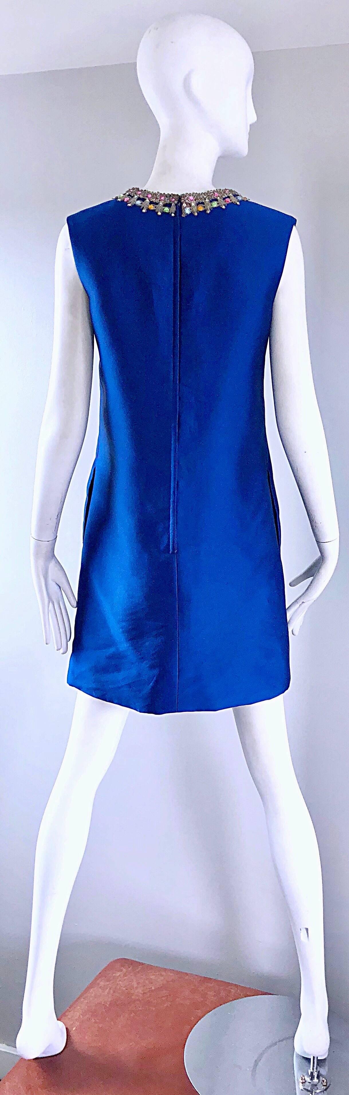 Women's 1960s Kiki Hart for Saks 5th Ave Royal Blue Silk Rhinestone 60s Shift Dress