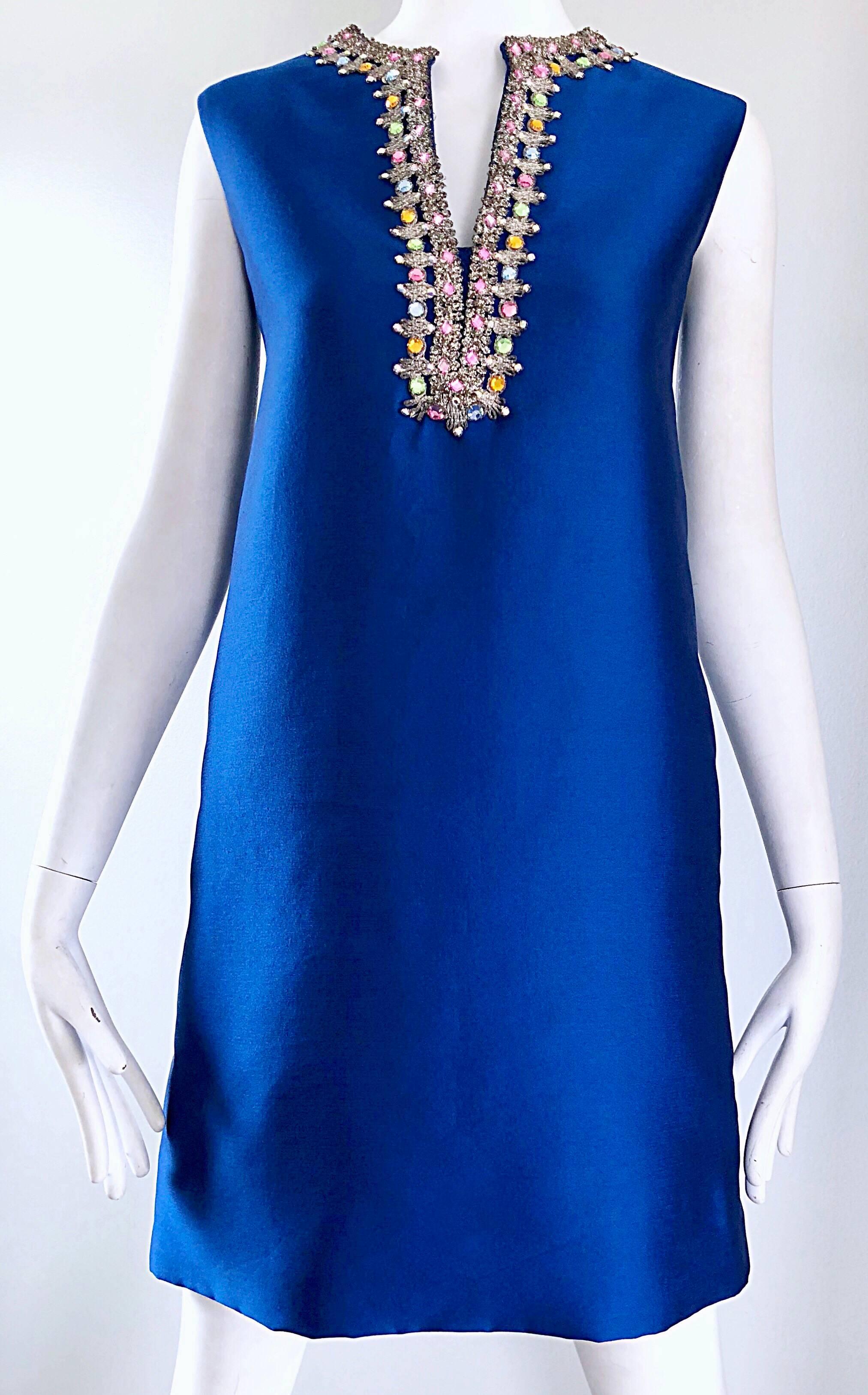 1960s Kiki Hart for Saks 5th Ave Royal Blue Silk Rhinestone 60s Shift Dress 1