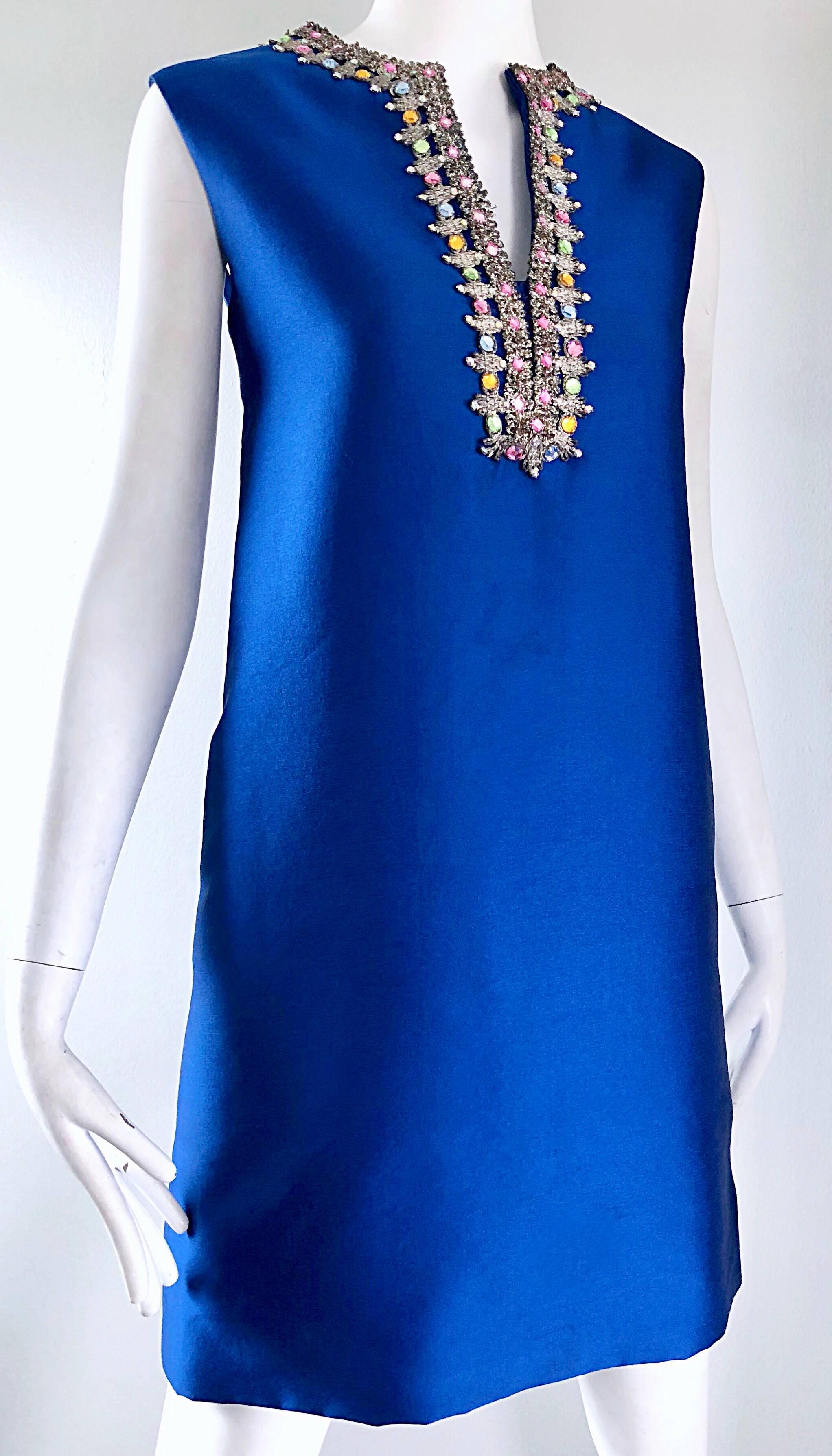 1960s Kiki Hart for Saks 5th Ave Royal Blue Silk Rhinestone 60s Shift Dress 2