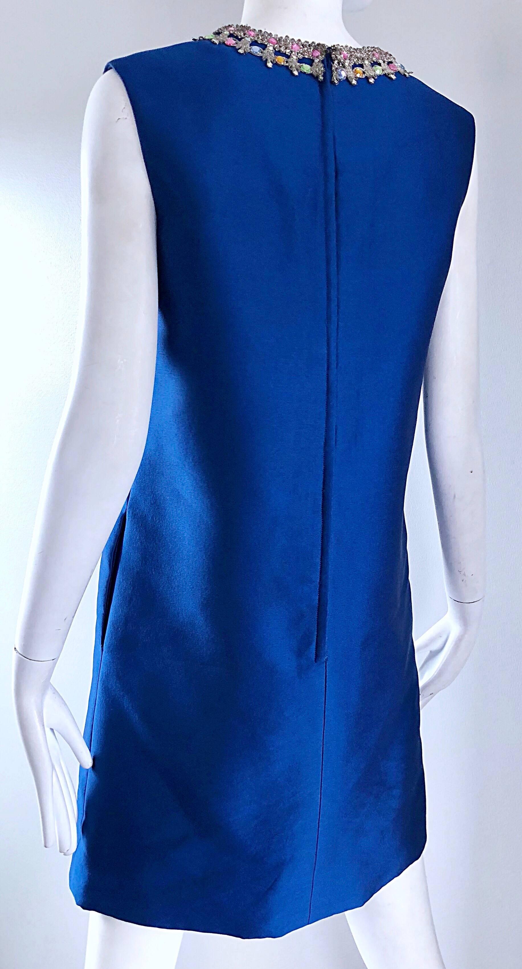 1960s Kiki Hart for Saks 5th Ave Royal Blue Silk Rhinestone 60s Shift Dress 3