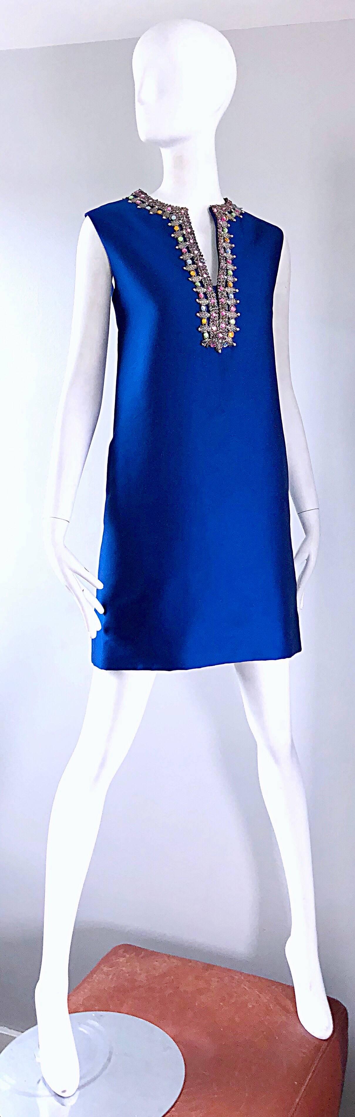 1960s Kiki Hart for Saks 5th Ave Royal Blue Silk Rhinestone 60s Shift Dress 4