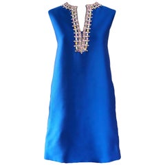 1960s Kiki Hart for Saks 5th Ave Royal Blue Silk Rhinestone 60s Shift Dress