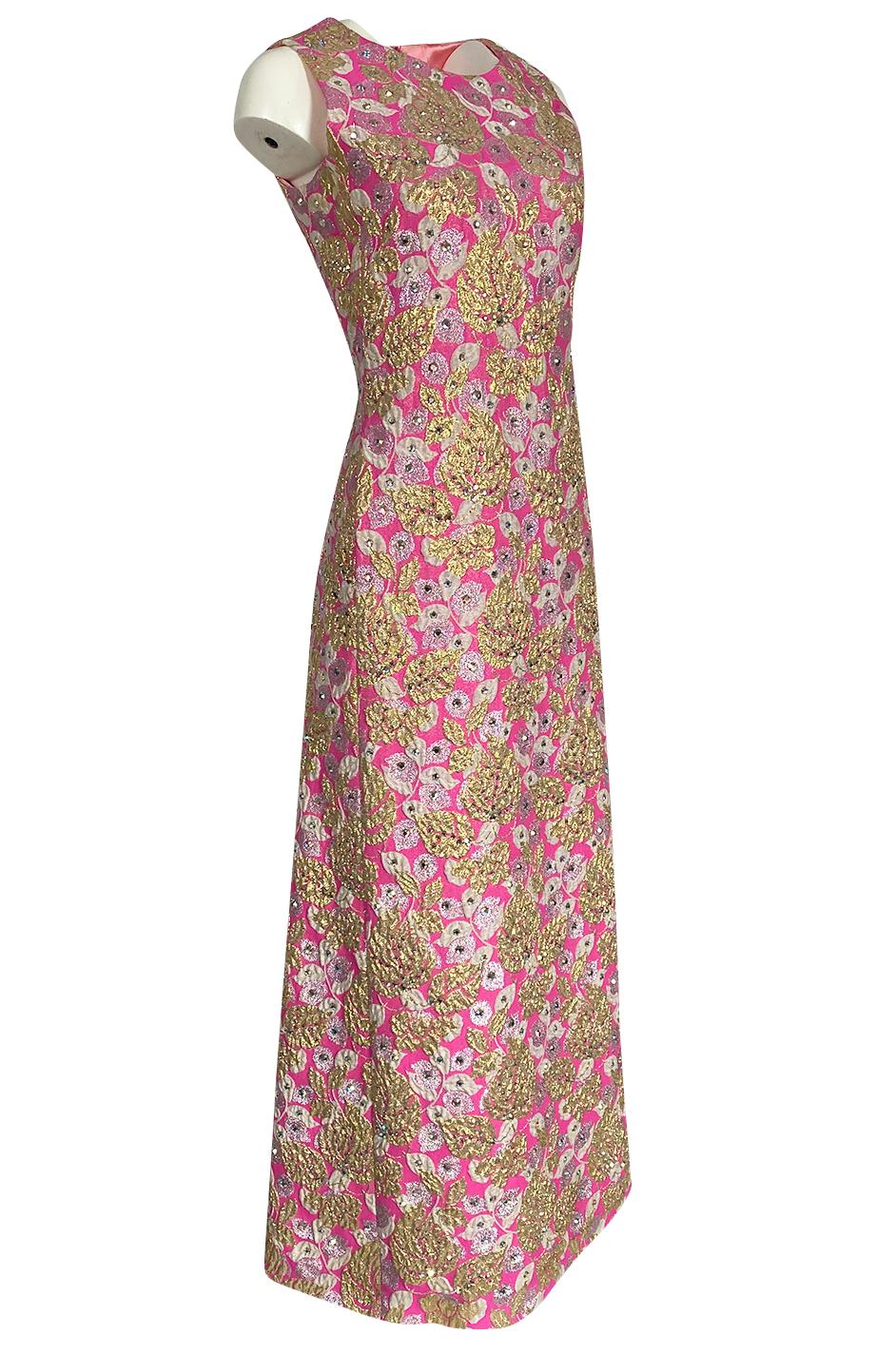 Brown 1960s Kiki Hart Silver, Gold & Pink Silk Brocade Dress w Rhinestone Detailing
