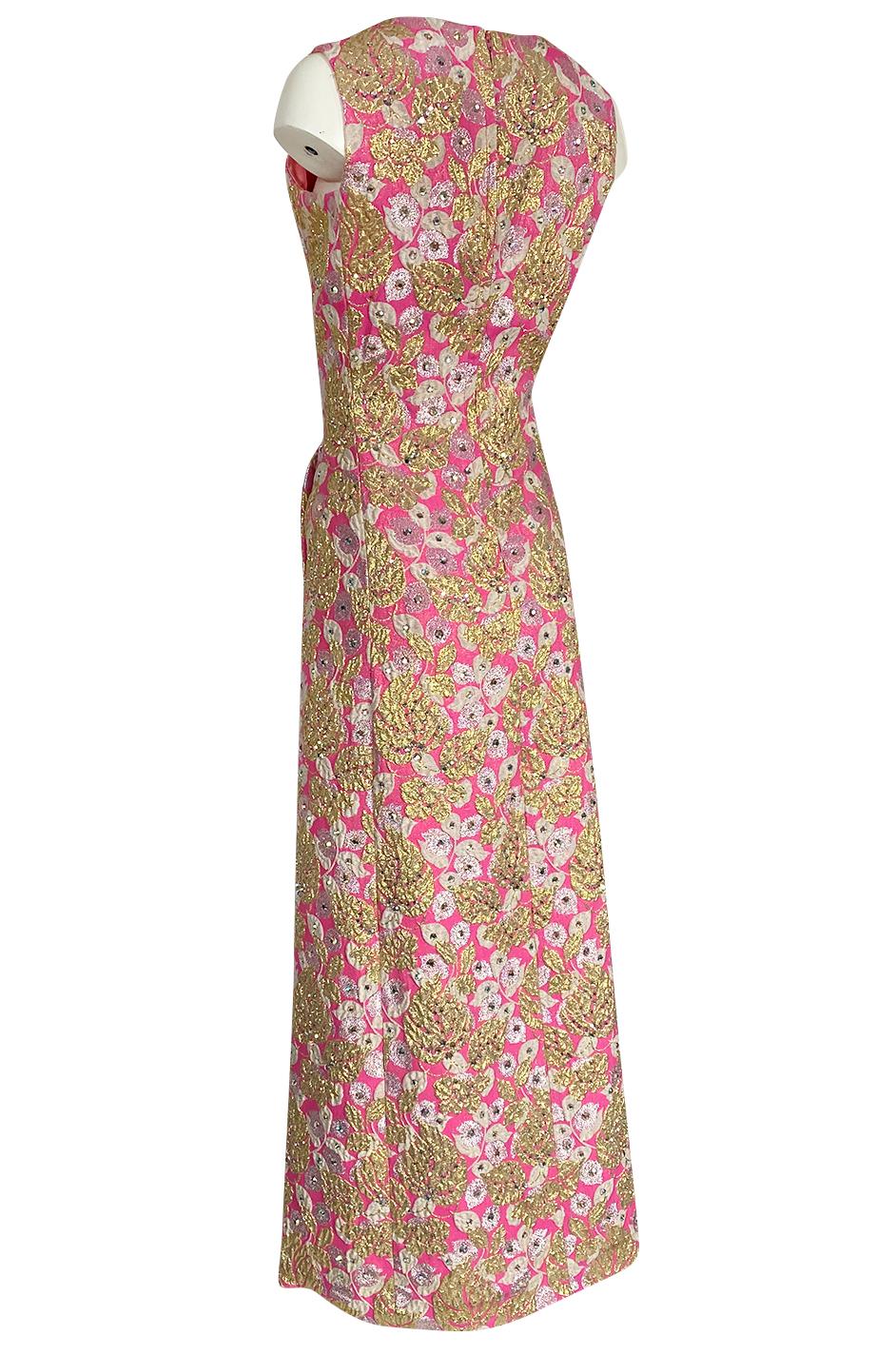 1960s Kiki Hart Silver, Gold & Pink Silk Brocade Dress w Rhinestone Detailing In Excellent Condition In Rockwood, ON