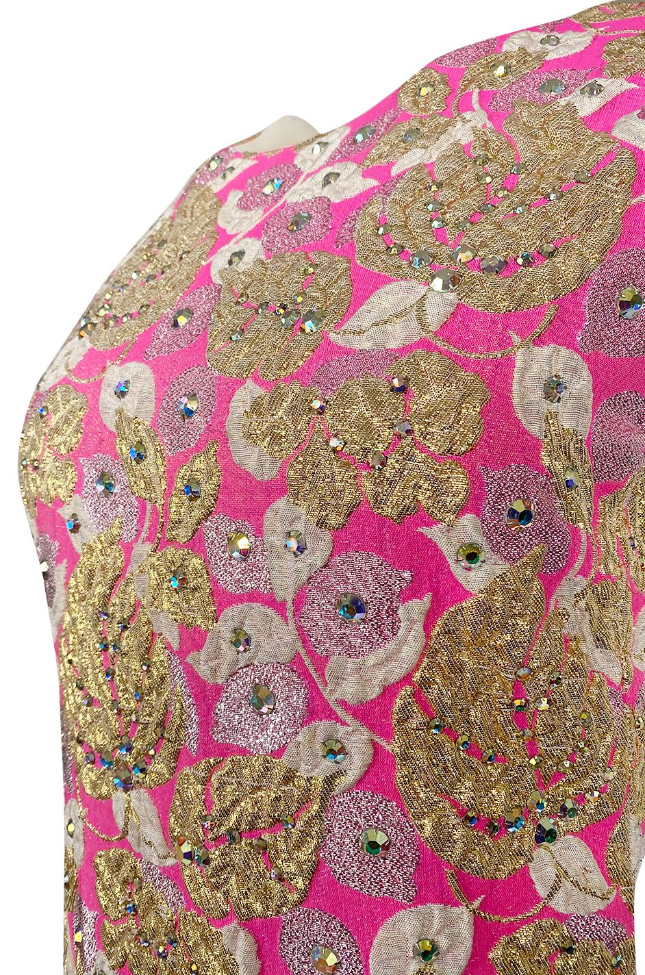 1960s Kiki Hart Silver, Gold & Pink Silk Brocade Dress w Rhinestone Detailing 2