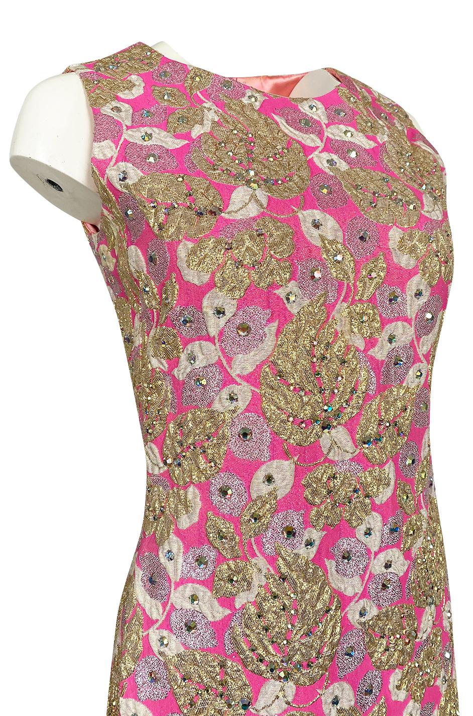 1960s Kiki Hart Silver, Gold & Pink Silk Brocade Dress w Rhinestone Detailing 3