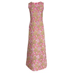 1960s Kiki Hart Silver, Gold & Pink Silk Brocade Dress w Rhinestone Detailing