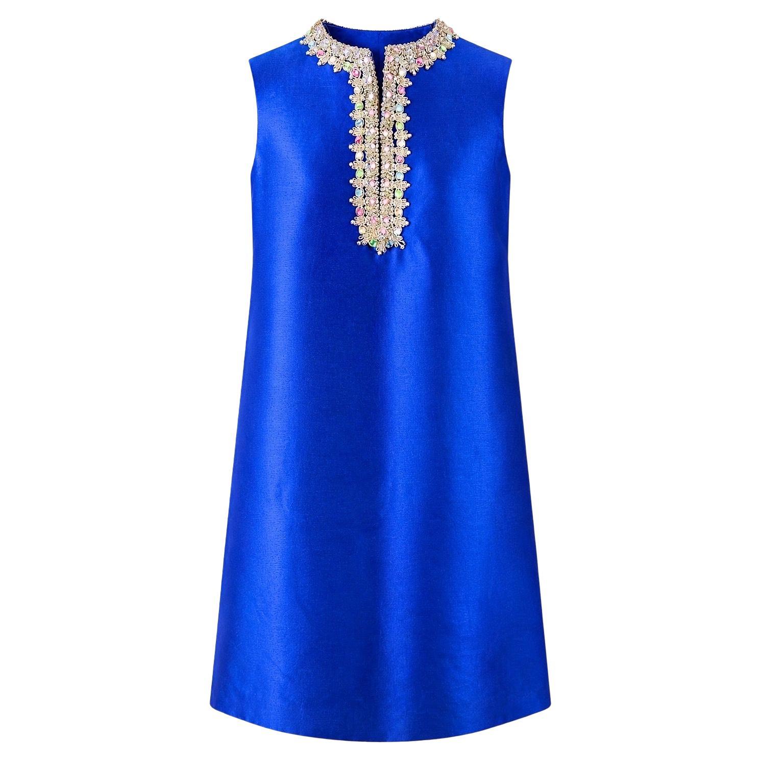 1960s Kiki Hart Vintage Sapphire Blue Silk Jeweled Mod 60s Shift Cocktail Dress