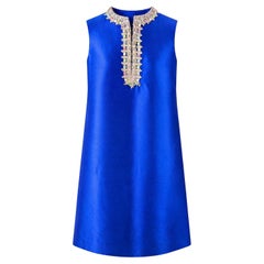 1960s Kiki Hart Vintage Sapphire Blue Silk Jeweled Mod 60s Shift Cocktail Dress
