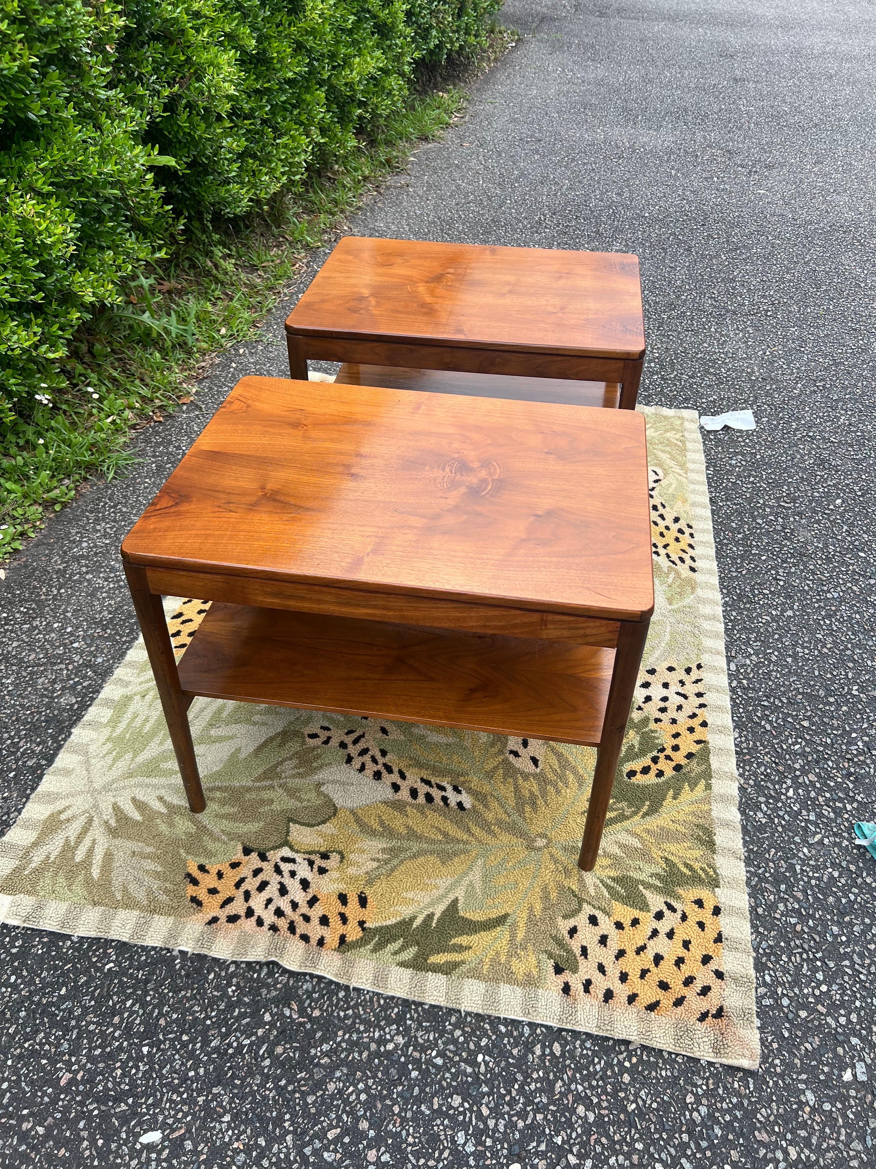 High Quality Mid Century Modern Two-Tier Walnut Wood Side Table with lower Shelf, Designed by Kipp Stewart for Drexel
