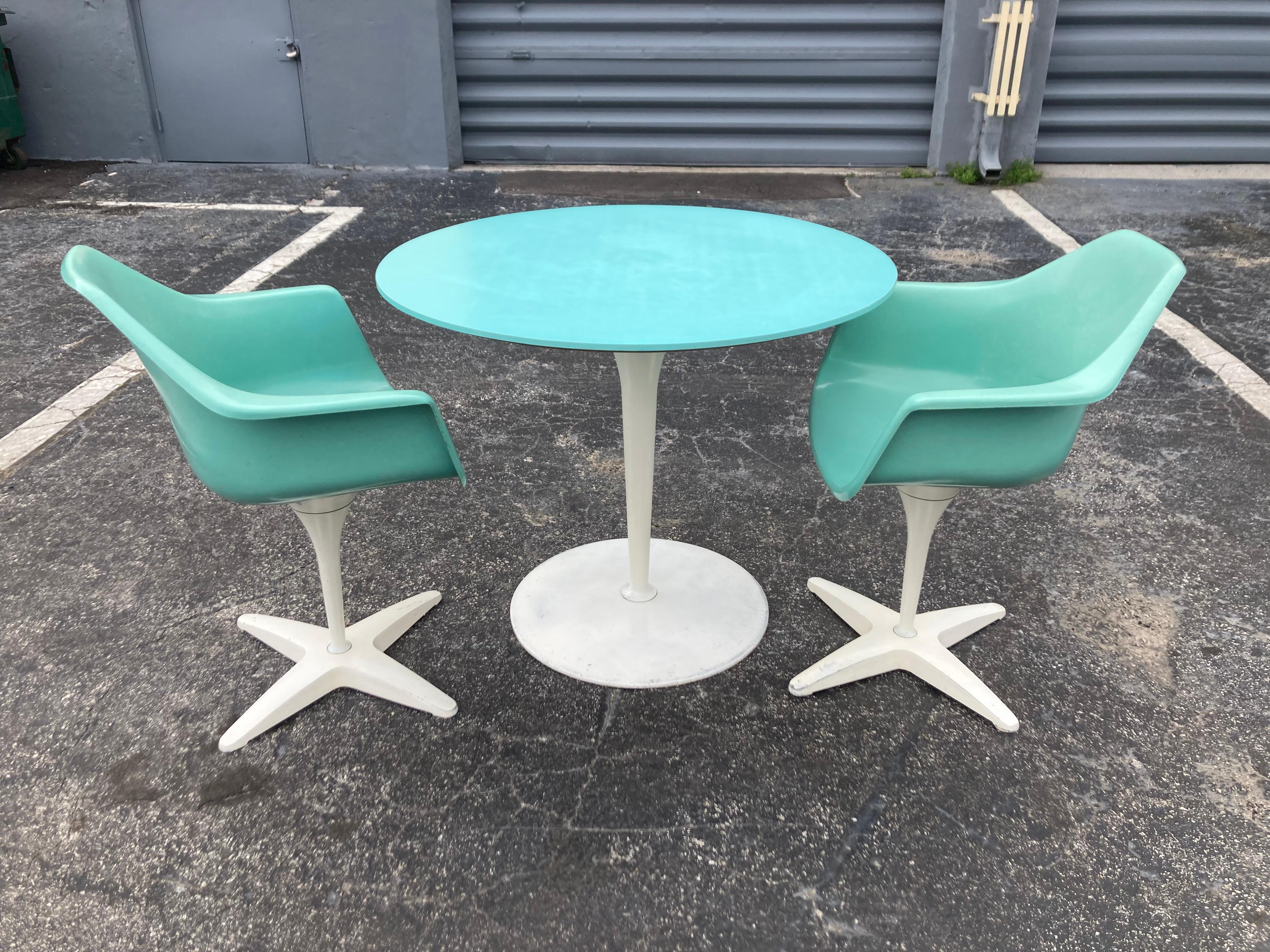 Metal 1960s Kitchen Dinette Set, Fiberglass Chairs, Turquoise, Round Table, USA For Sale