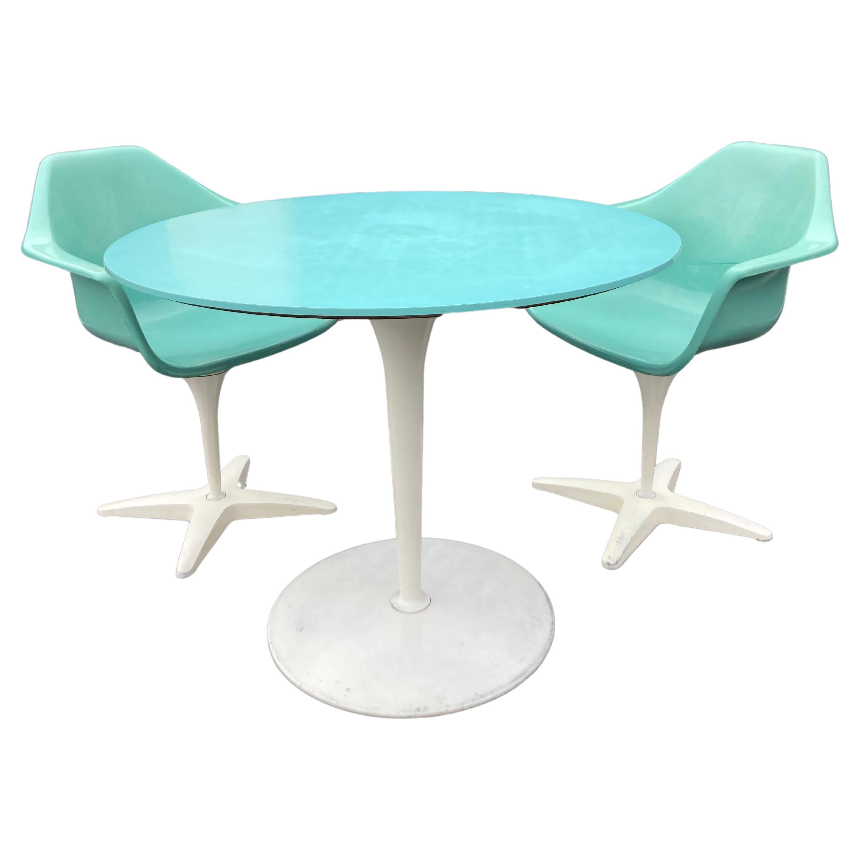 1960s Kitchen Dinette Set, Fiberglass Chairs, Turquoise, Round Table, USA For Sale