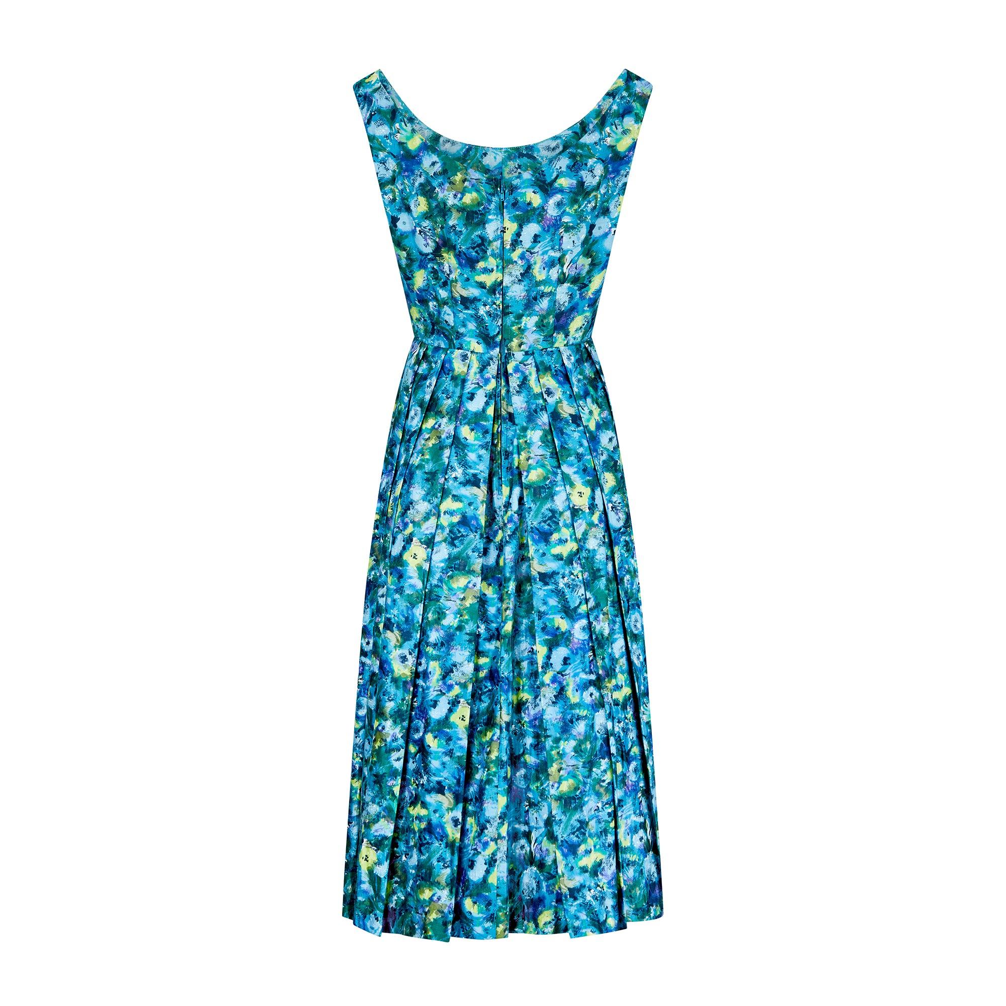 1960s Kitty Copeland Polished Cotton Green and Turquoise Dress In Excellent Condition For Sale In London, GB