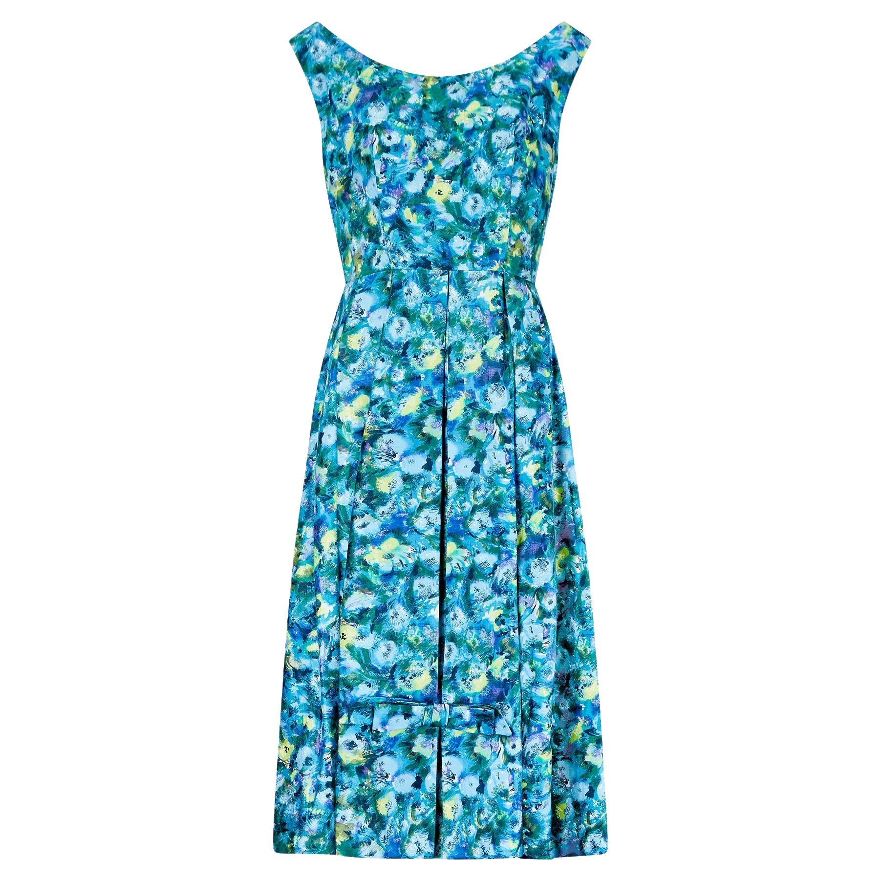 1960s Kitty Copeland Polished Cotton Green and Turquoise Dress For Sale