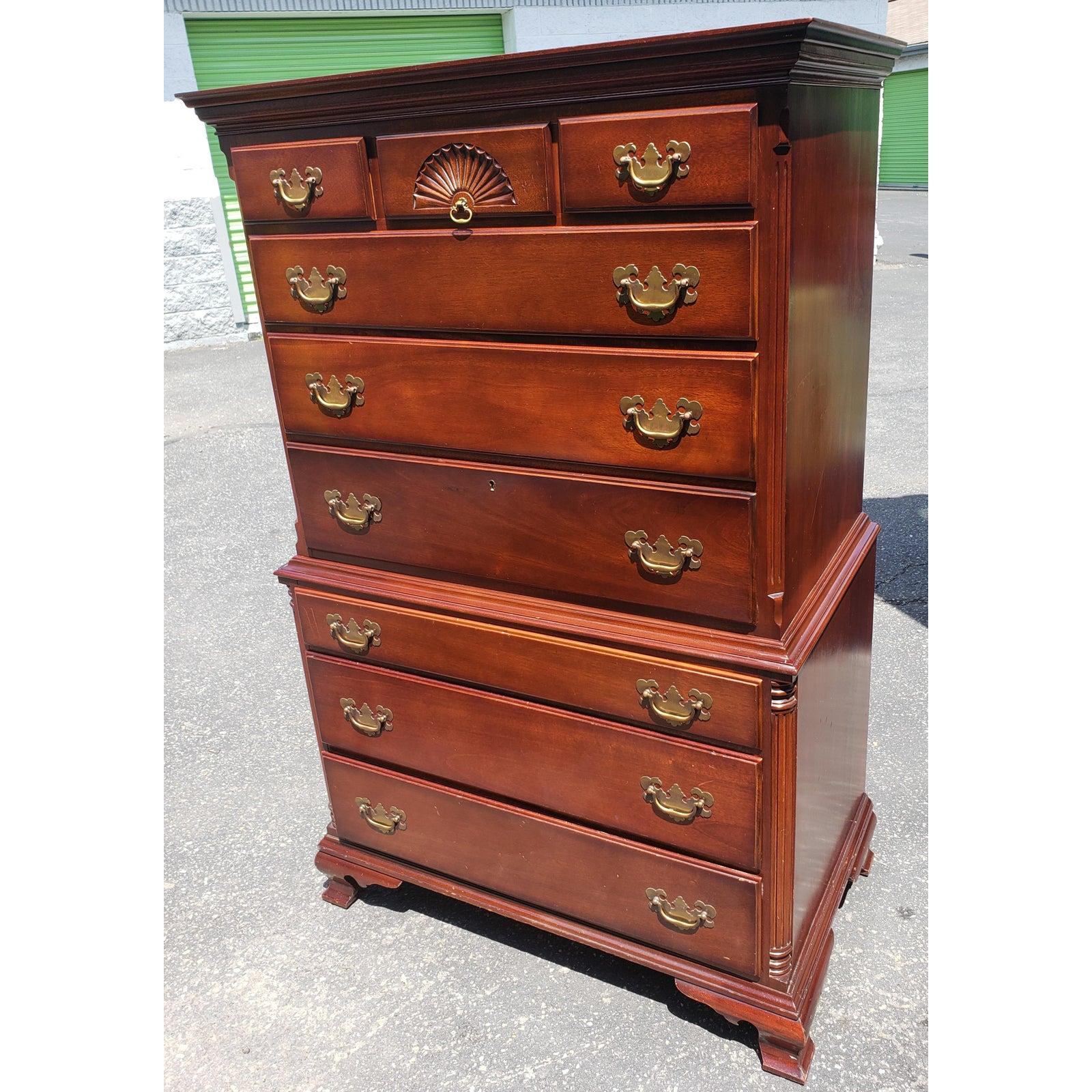 Genuine mahogany chest on chest of drawers by famous Kling Furniture.
All drawers work as originally intented. Original hardwares.
9 functuonal mahogany drawers.
Very sturdy construction.
Measures 38W x 18D x 53H.
  