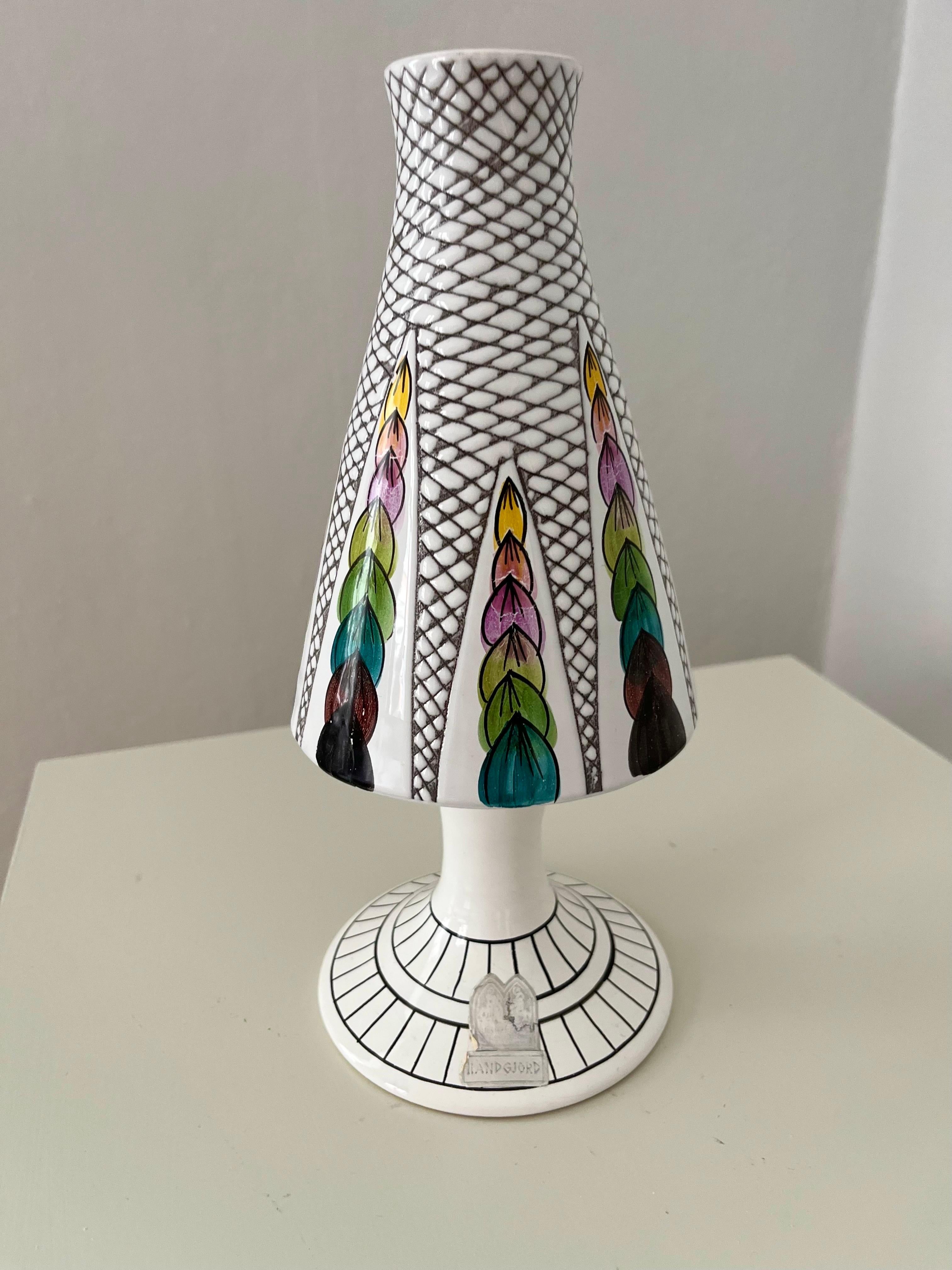 1960s Kloster Keramik Ystad Swedish Handcrafted Ceramic Vase

Elevate your decor with this handcrafted ceramic vase from Kloster Keramik Ystad, crafted in Sweden during the 1960s. Adorned with striking graphic patterns, this vase features a base of
