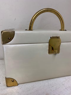 1960s Koret Bone Glazed Leather Box Bag w Brass Corner Fittings Hinges & Handle