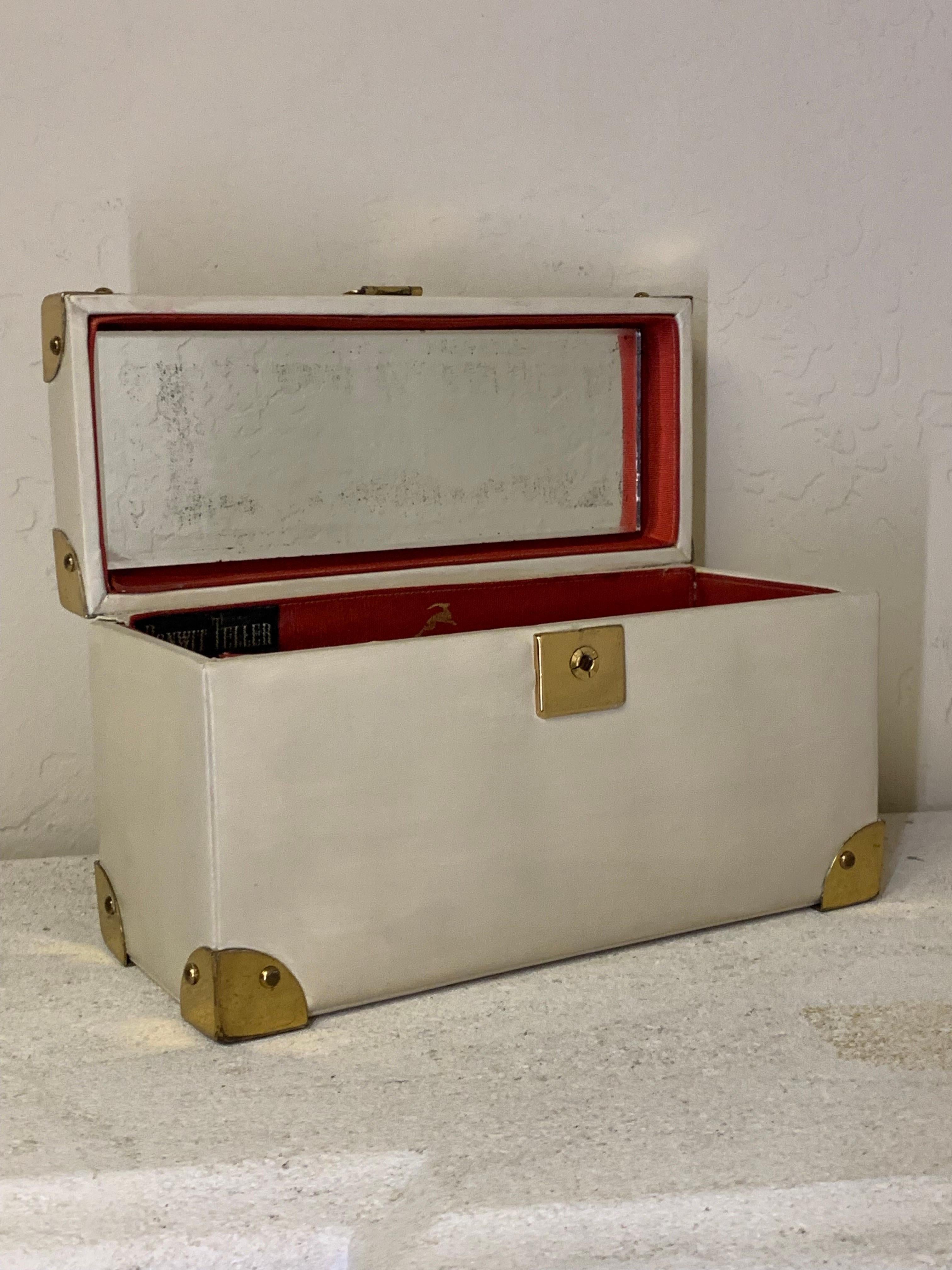 Women's 1960s Koret Bone Glazed Leather Box Bag w Brass Corner Fittings Hinges & Handle