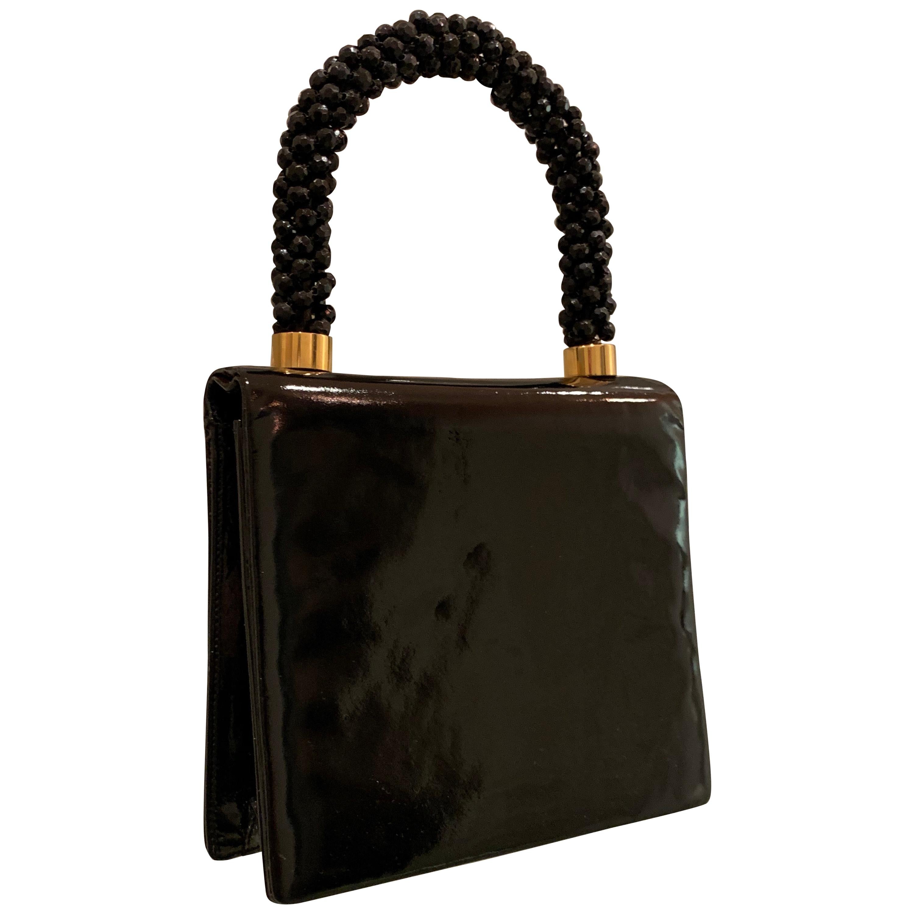 1960s Koret Genuine Black Patent Leather Handbag W/ Faceted Black Bead Handle 