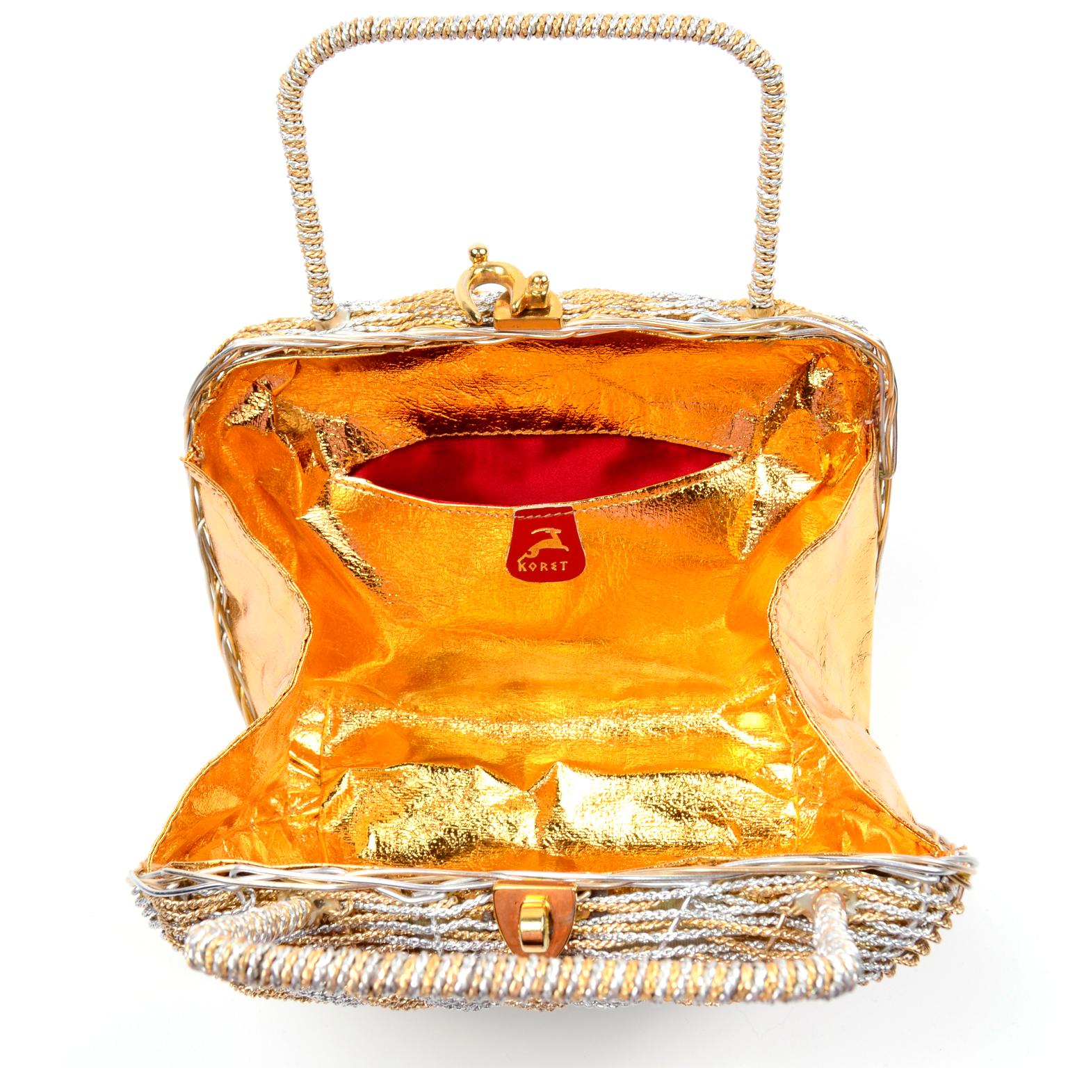 Beige 1960s Koret Vintage Bag Woven Gold & Silver Basket Handbag W Gold Hardware