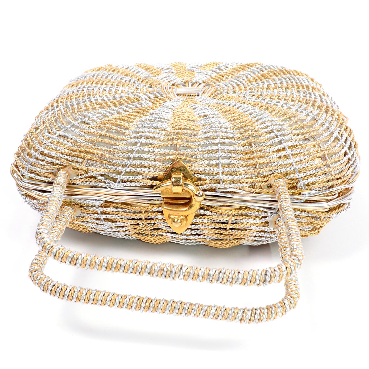 1960s Koret Vintage Bag Woven Gold & Silver Basket Handbag W Gold Hardware In Excellent Condition In Portland, OR