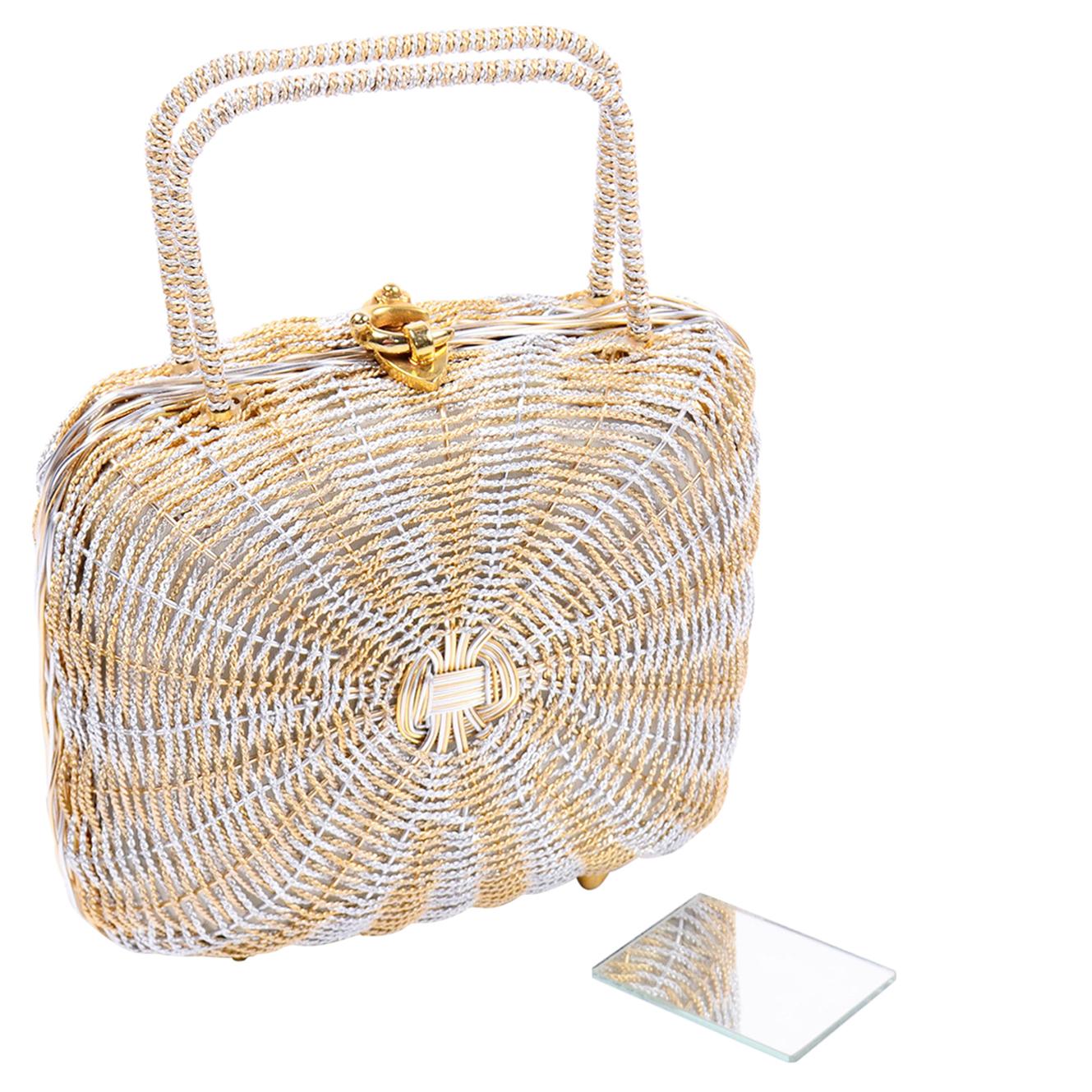 1960s Koret Vintage Bag Woven Gold & Silver Basket Handbag W Gold Hardware