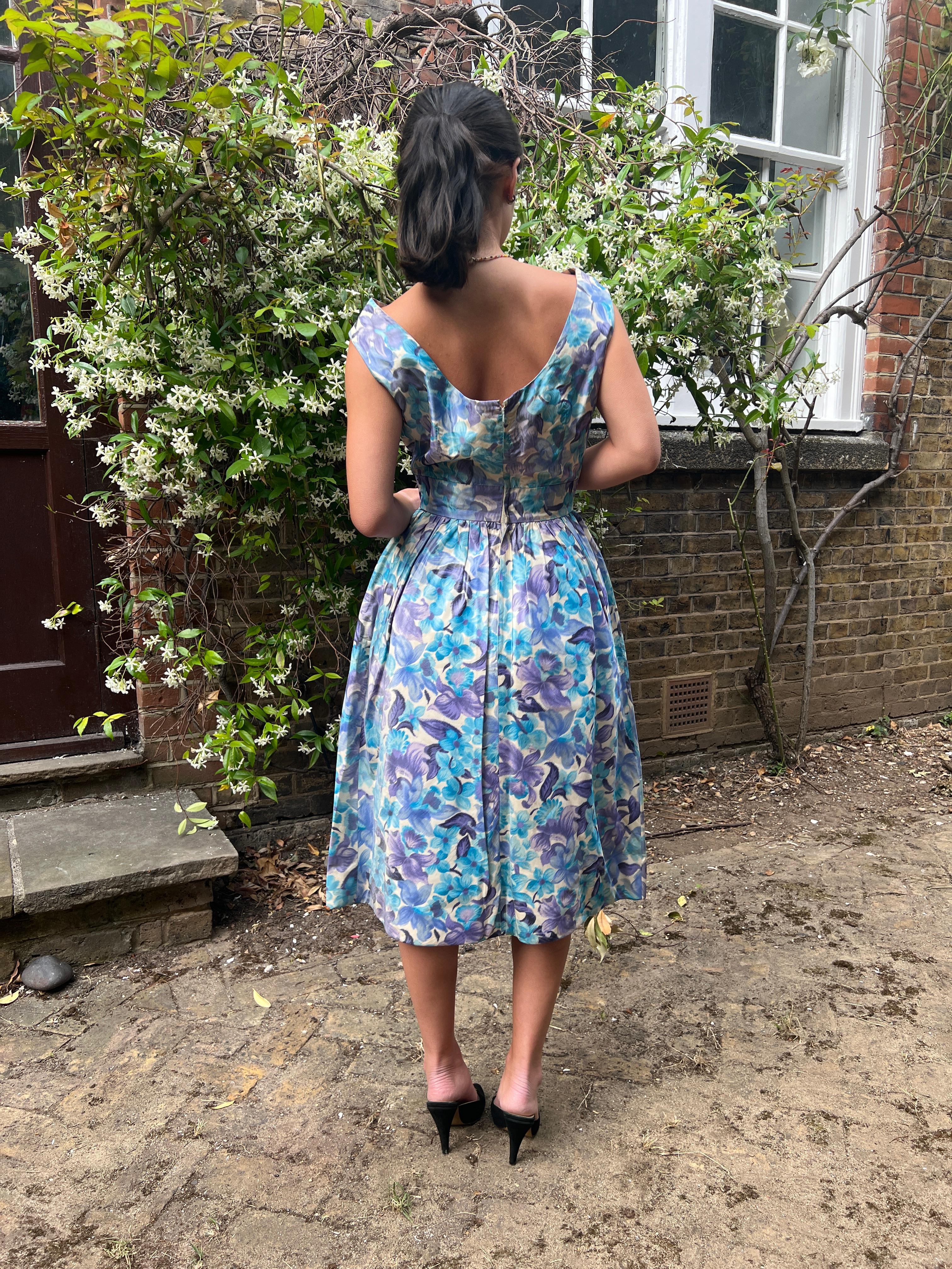 1960s Koupy Couture Blue Floral Silk Dress For Sale 3