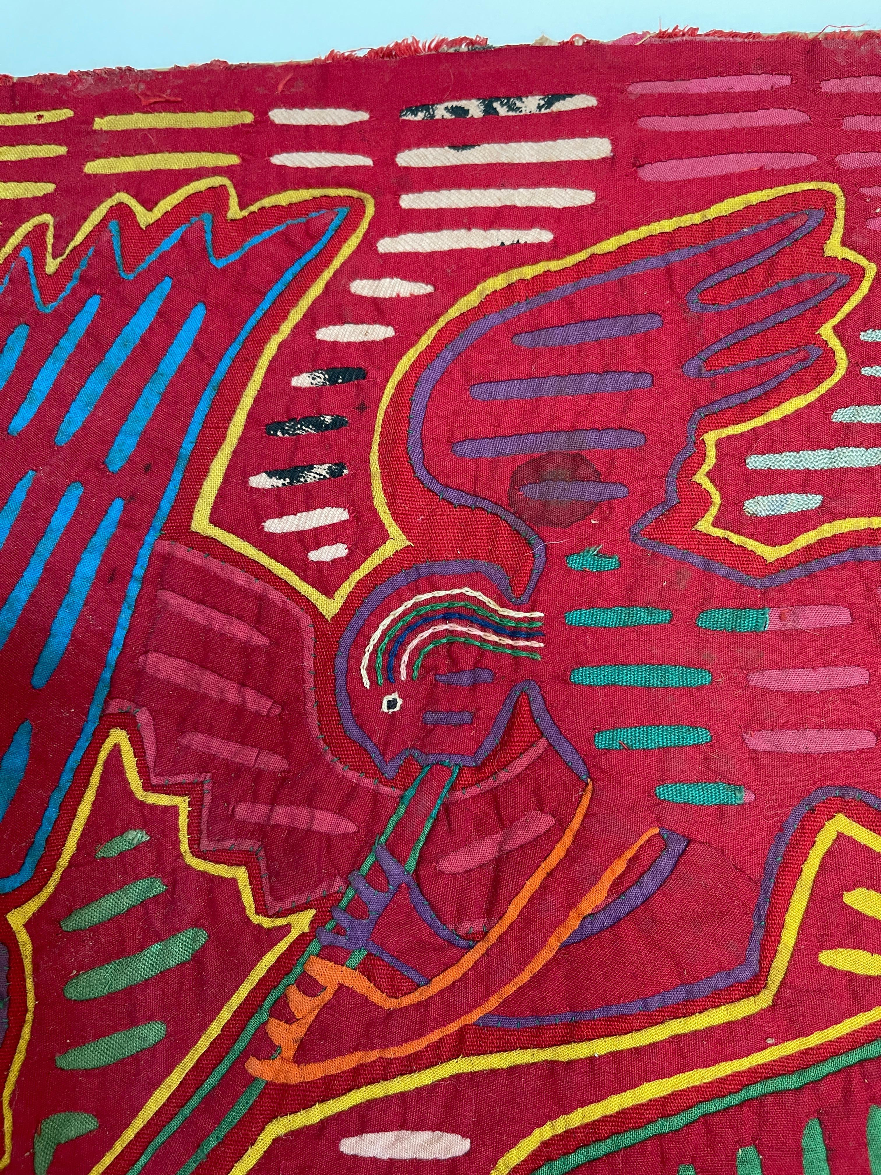 1960's Kuna , Central American native cotton applique tapestry of the Archangels Michael, Gabriel and Raphael heralding with celestial trumpets.
Applique has been mounted on cardboard as found, making it easy for framing.

 Mola, a Kuna word, has