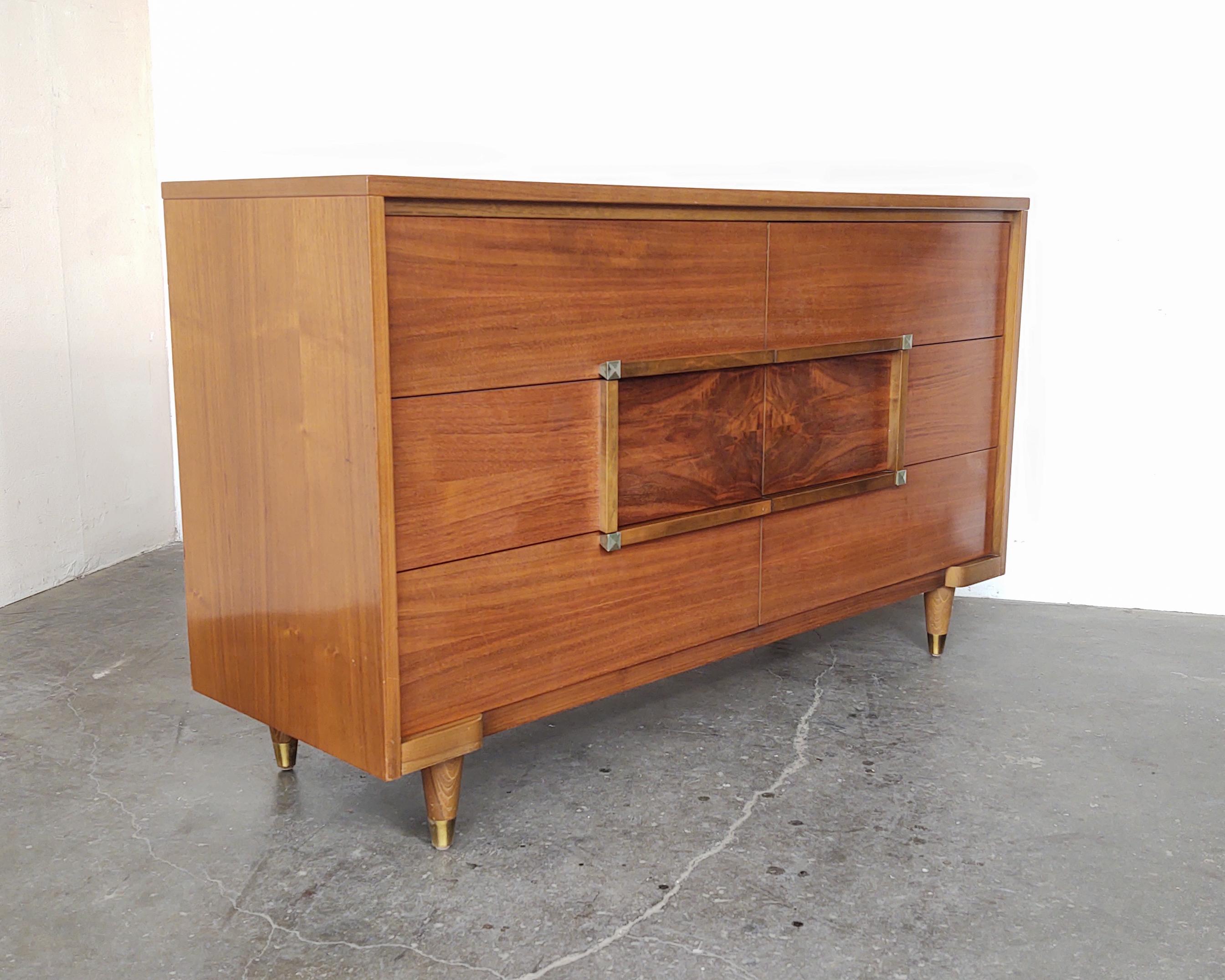 'Starline' series six drawer walnut wood dresser by LA Period circa 1960s. Beautiful wood grain covering entire body with burl wood + metal stud center design. Overall great original condition, some light wear consistent with vintage