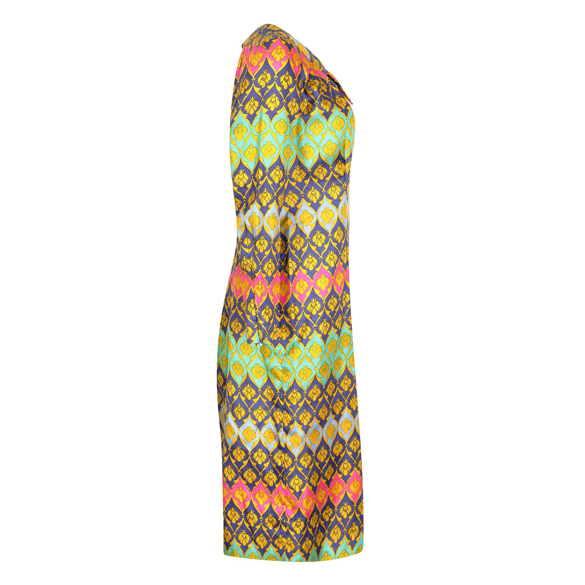A 1960s silk bee print dress by none other than Lachasse, one of the oldest British couture houses having opened in 1926, it sadly closed its doors in 2006. The dress is entirely handmade and was made in the same tradition as haute couture fashion